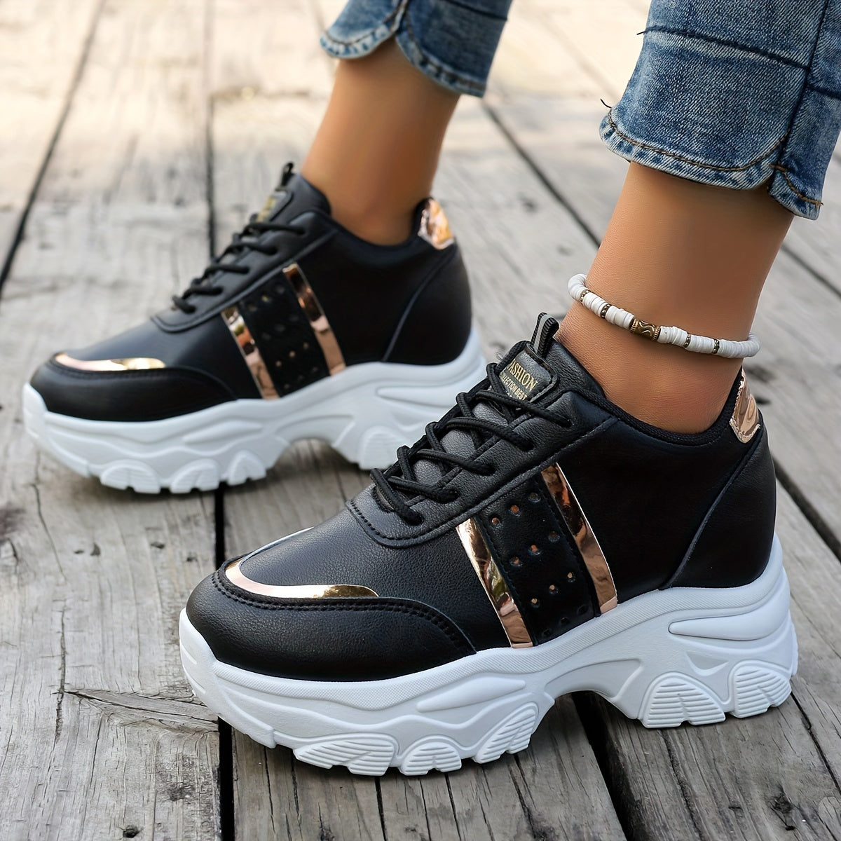 Women's White and Gold Platform Sneakers in Large Size 42 with 8cm Height Boost