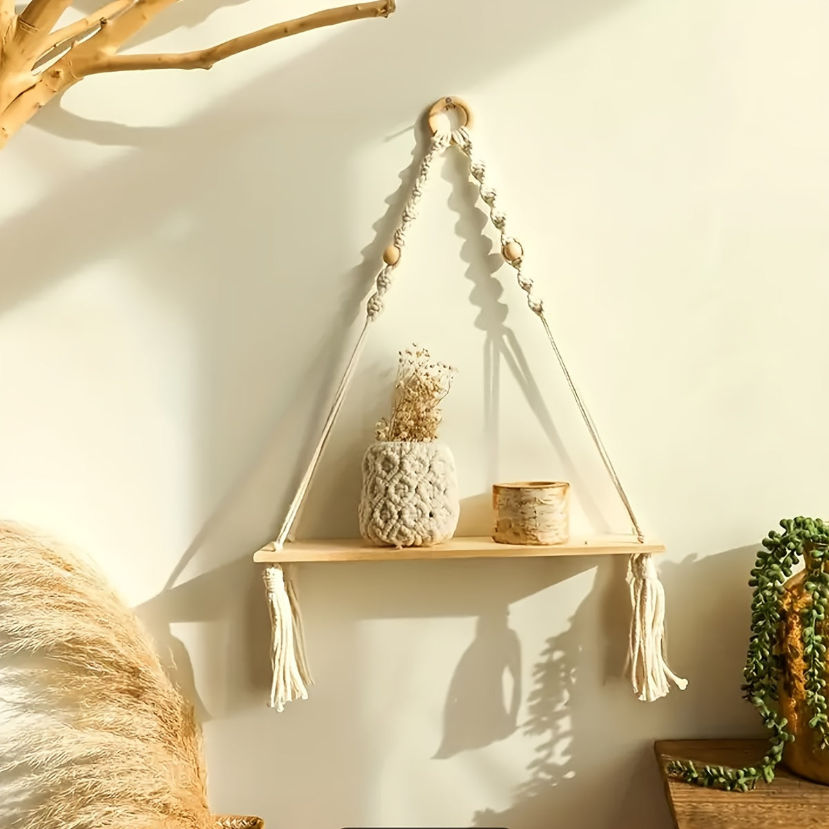 Macrame Plant Shelf Hanging Wall Decor for Indoor and Bohemian Rooms