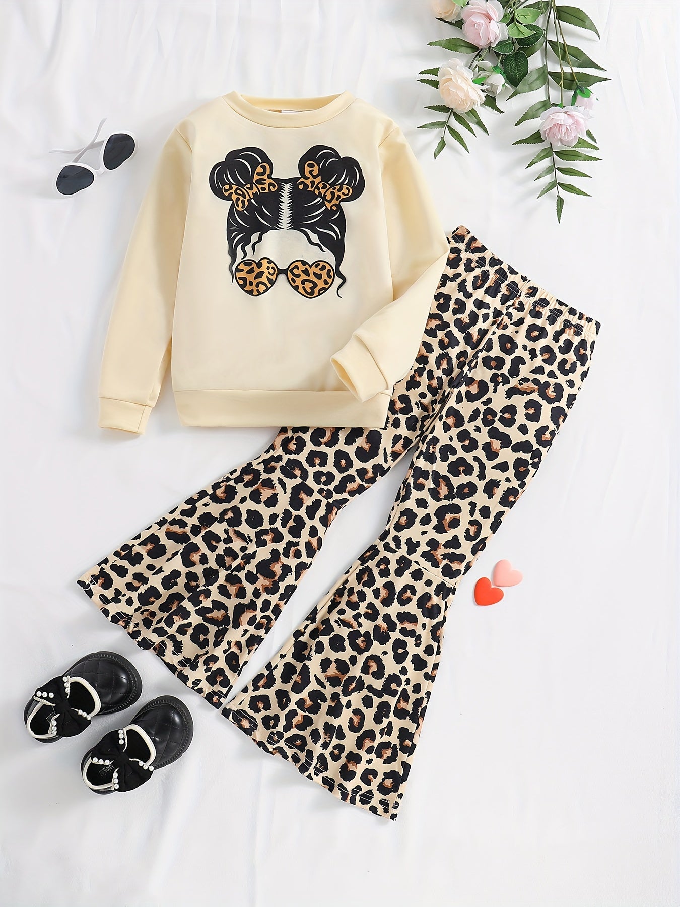 Girls' 2-Piece Outfit Sweatshirt and Leopard Flared Pants with Sunglasses for Spring Fall Kids