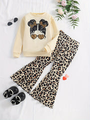 Girls' 2-Piece Outfit Sweatshirt and Leopard Flared Pants with Sunglasses for Spring Fall Kids
