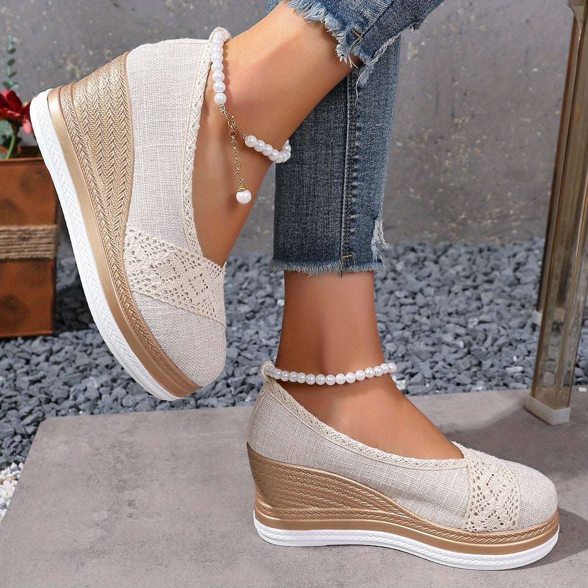 Women's Beige Espadrille Wedge Loafers Slip-On Shoes with Thick Sole