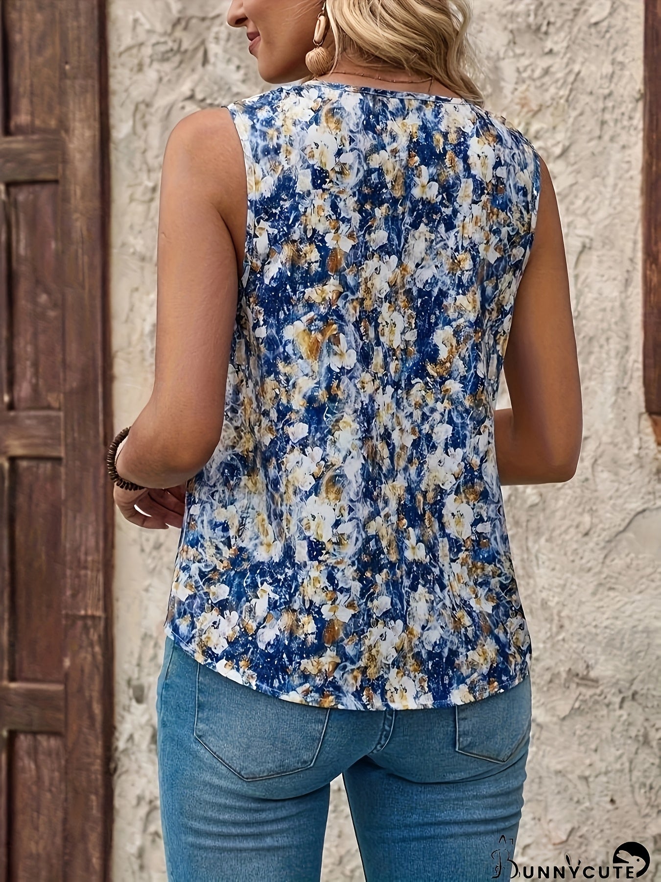 Plus Size Women's Floral Print V-Neck Sleeveless Vest for Spring Summer