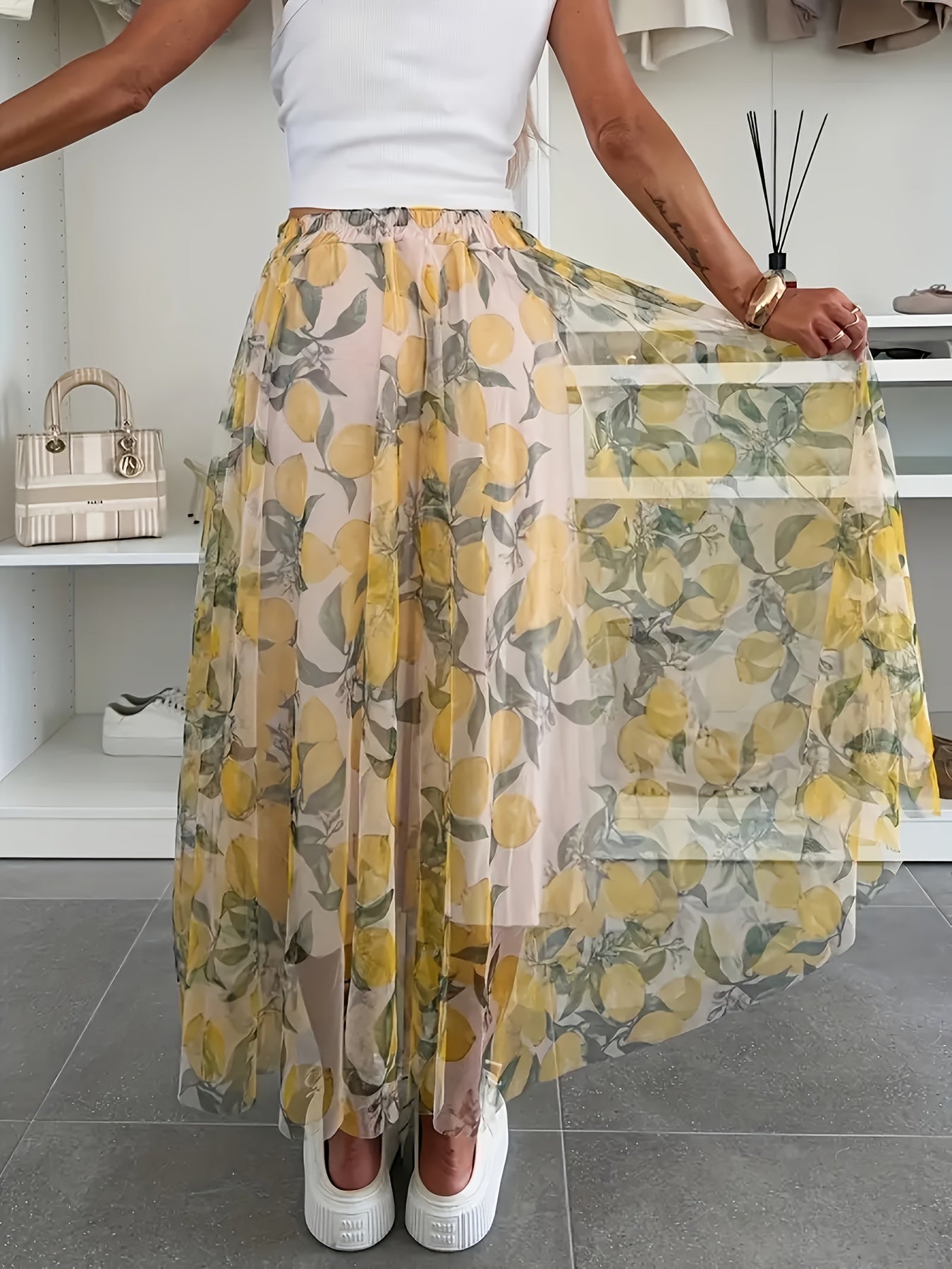 Falda midi de chiffon para mujer talla grande con estampado floral en amarillo y blanco, casual o semi-formal