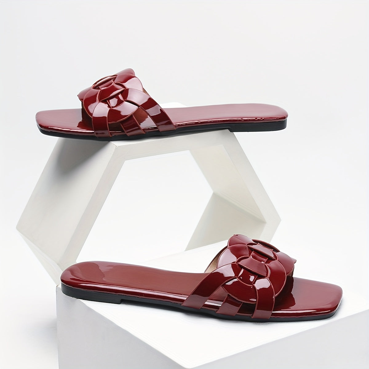 Women's Burgundy Flat Sandals with Floral Buckle Ankle Strap