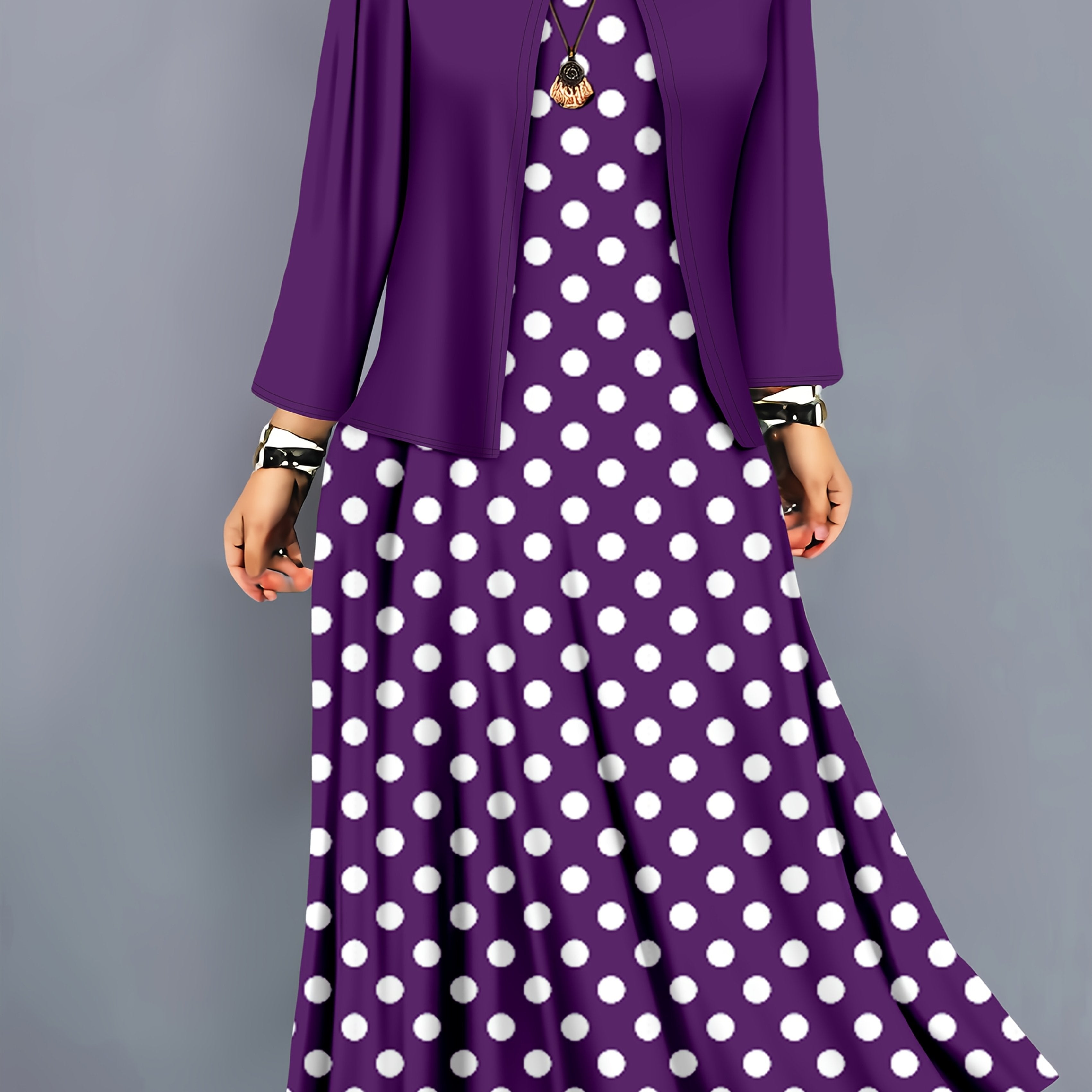 Plus-Size Green Polka Dot Midi Dress with Solid Cardigan Polyester Blend