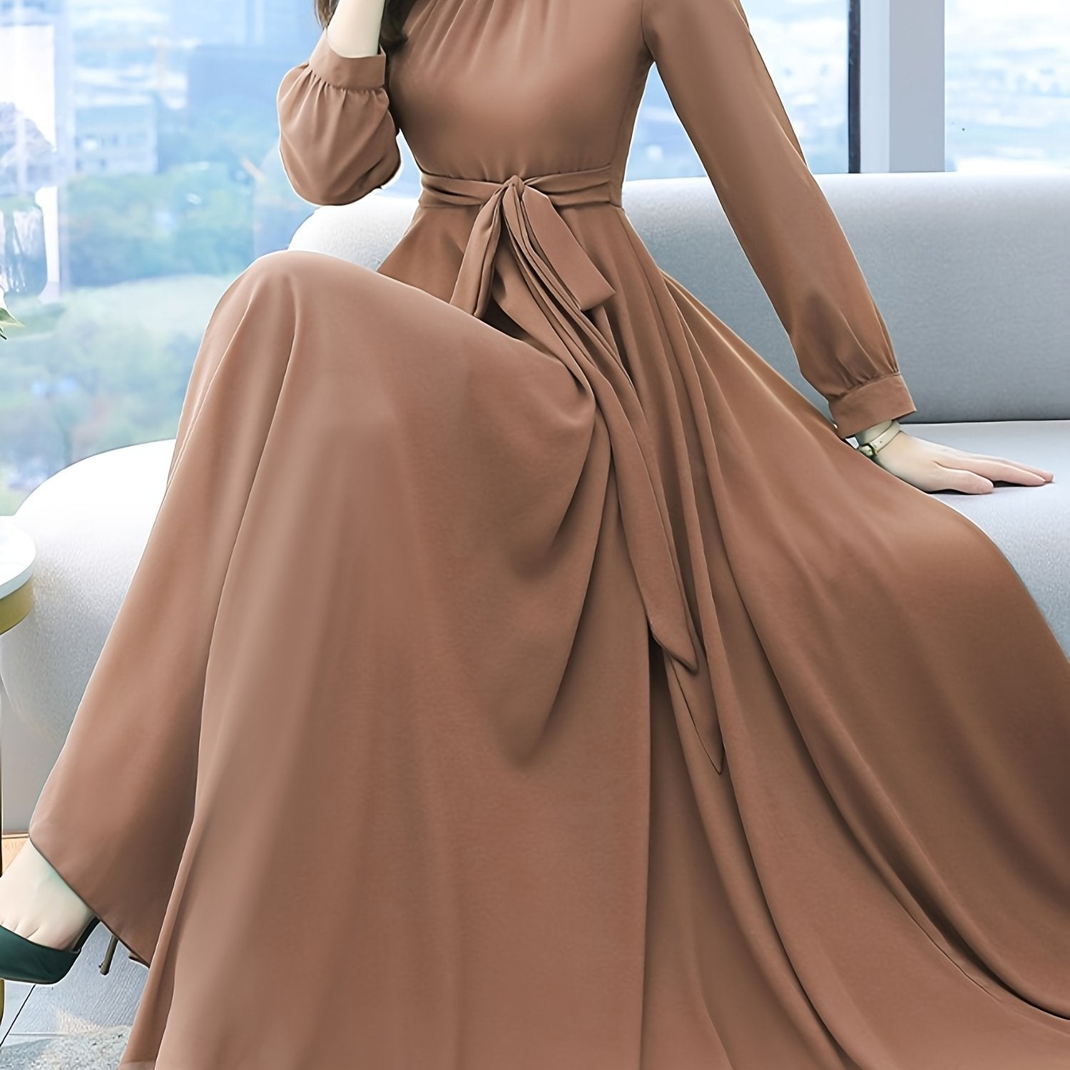 Women's Solid Color Polyester A-Line Dress with Crew Neck and Waist Detail