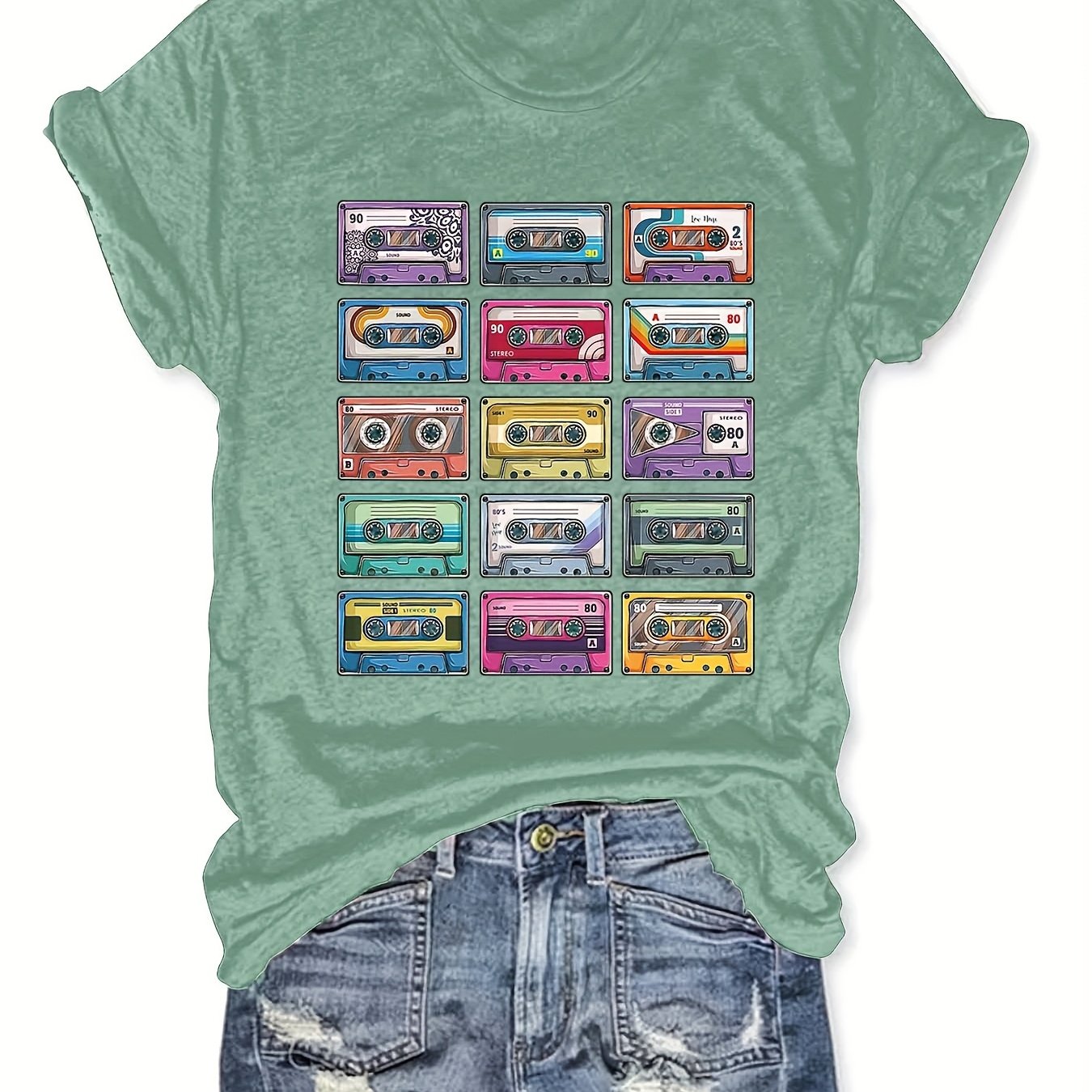 Women's Light Green Short Sleeve T-Shirt with Retro Cassette Graphic