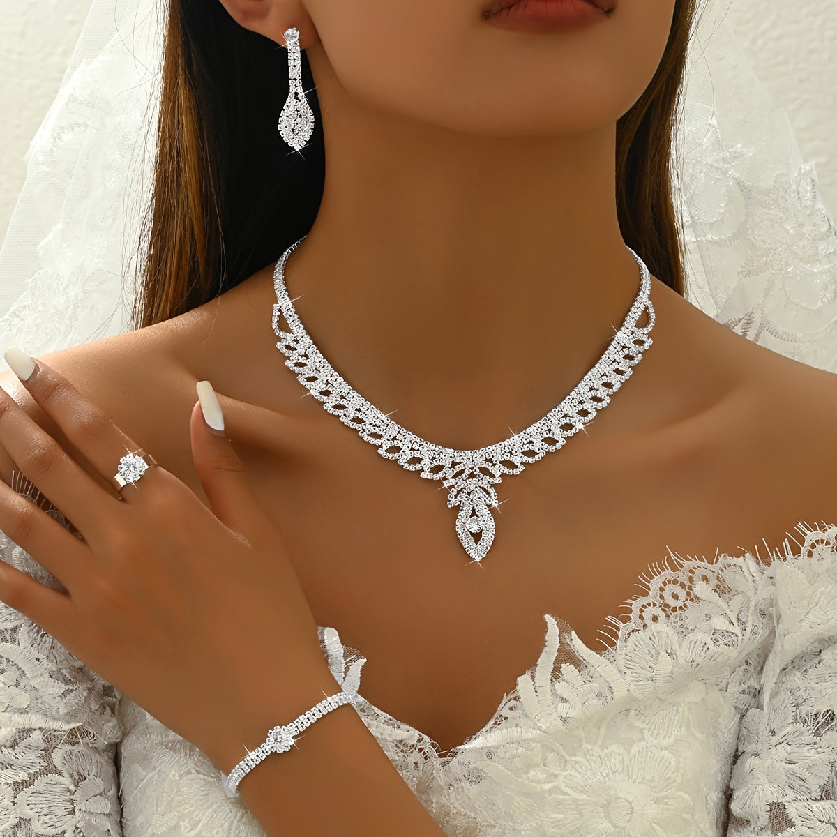 Women's Wedding Jewelry Set with Floral Necklace Dangle Earrings Adjustable Bracelet Cubic Zirconia Ring