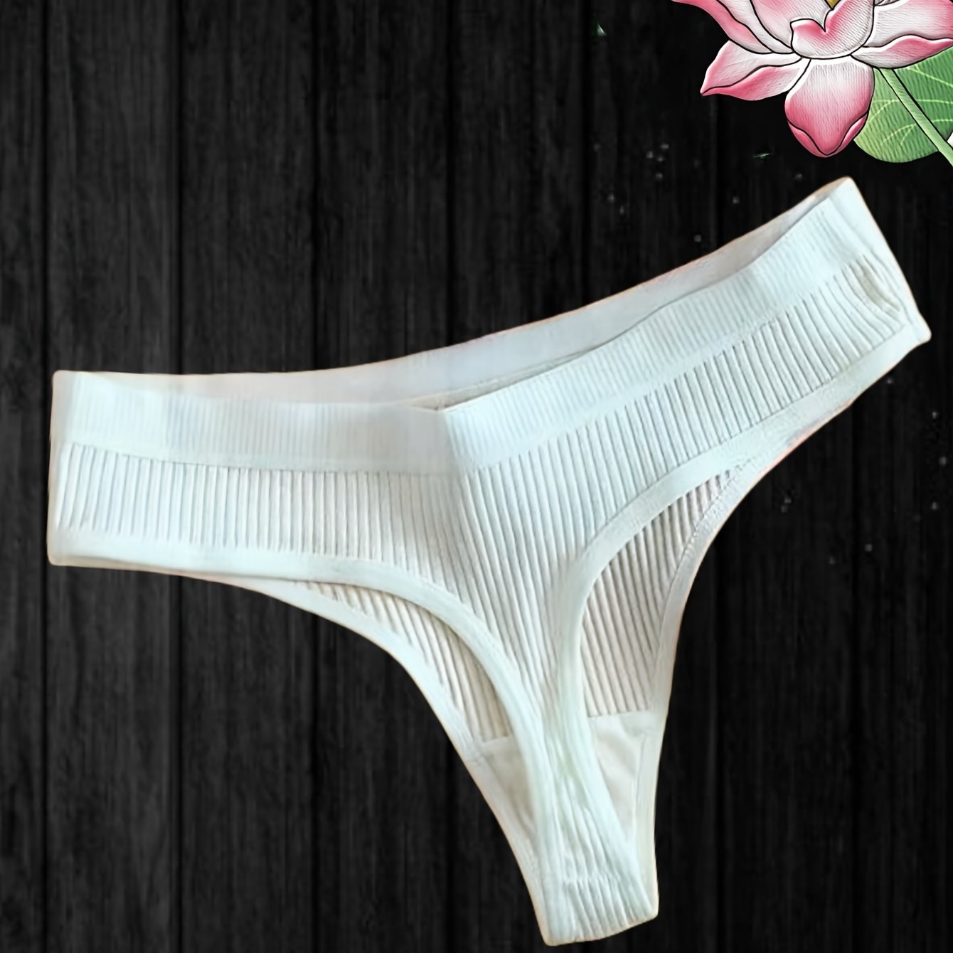 Women's Black Semi-Sheer Ribbed Thong Panties with Side Stripe and Low Rise