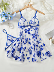 Plus o'lchamli ayollar uchun gul naqshli tarmoq uyqu kiyimlari to'plami kontrast tafsilotlar bilan