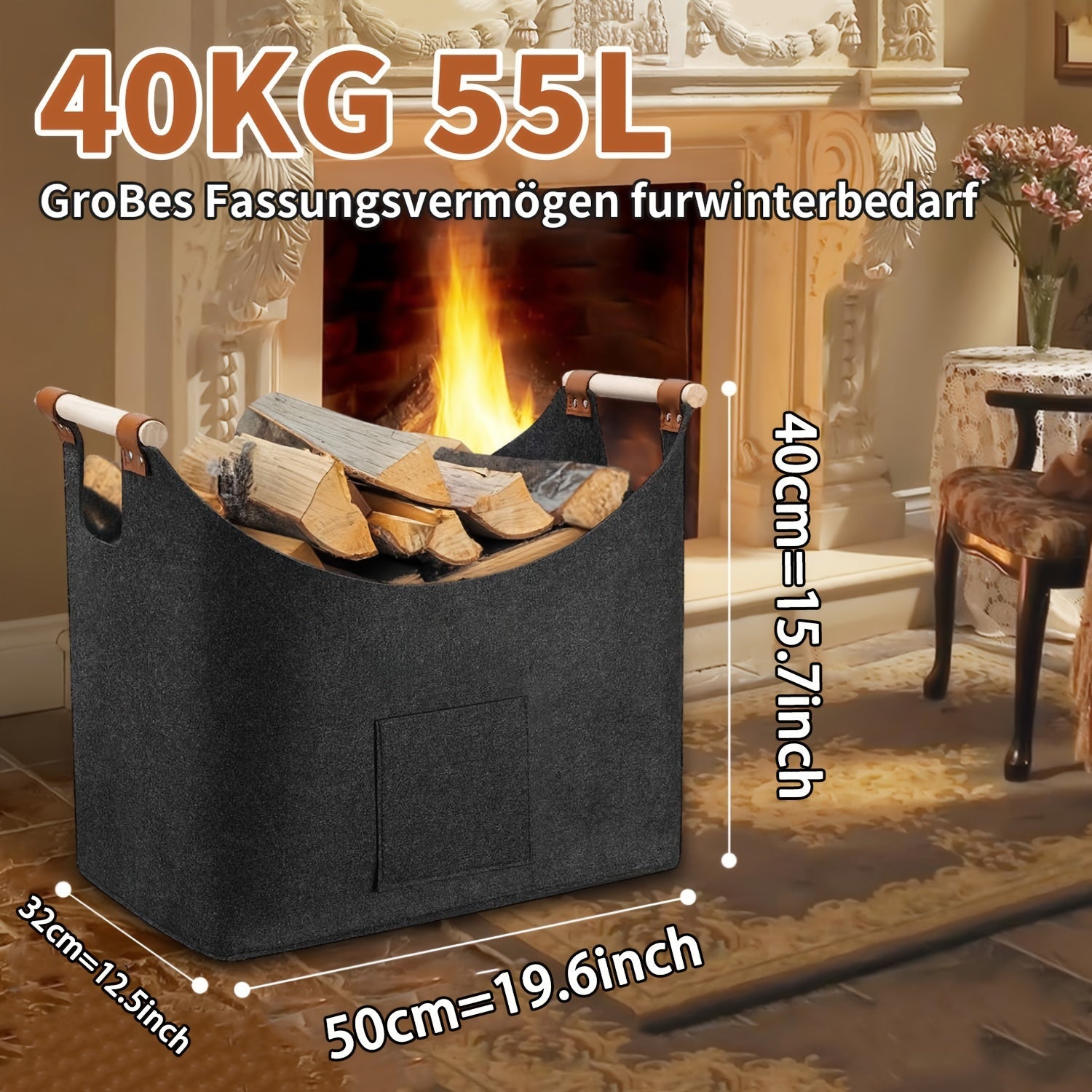 Large Capacity Foldable Felt Firewood Basket with Handles 32x50x40cm