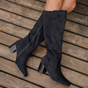 Women Knee High Boots Black Fabric Pointed Toe Mid Heel Dress Shoes