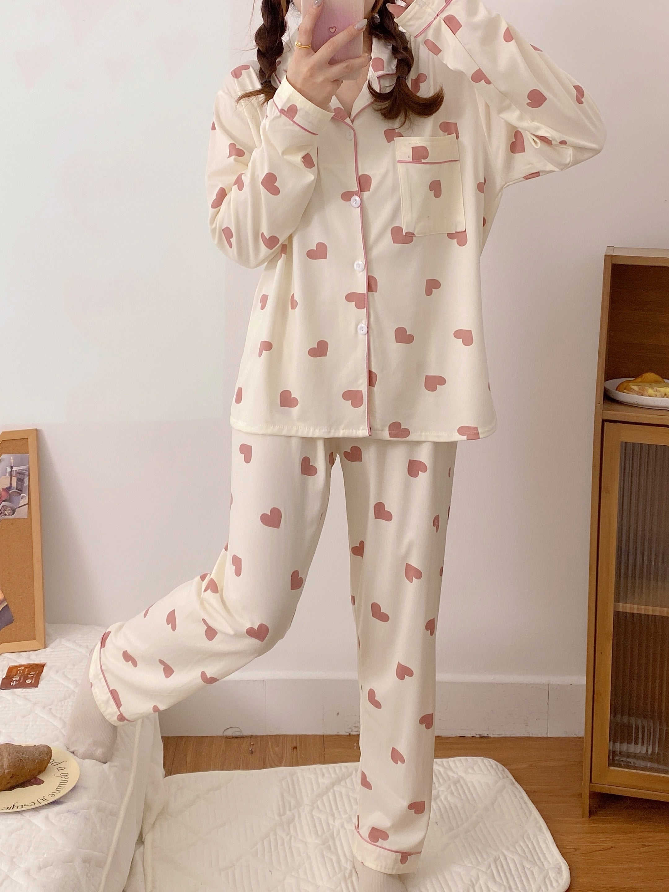 Women's Heart Pattern Pajama Set Polyester Long Sleeve Spring Fall Casual