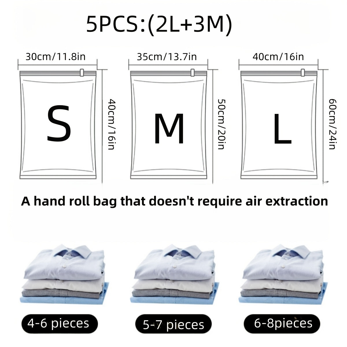 Set of 5 Vacuum Storage Bags Space-Saving Zippered for Clothing and Travel