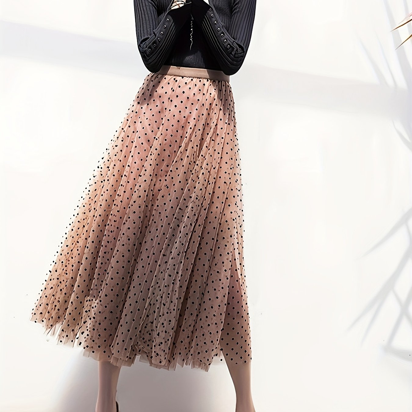 Falda midi de lunares de talla grande para mujer en línea A, con malla ligera y flocked