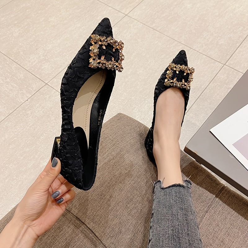 Women's Low Chunky Heel Pointed Toe Shoes with Square Rhinestone Decor