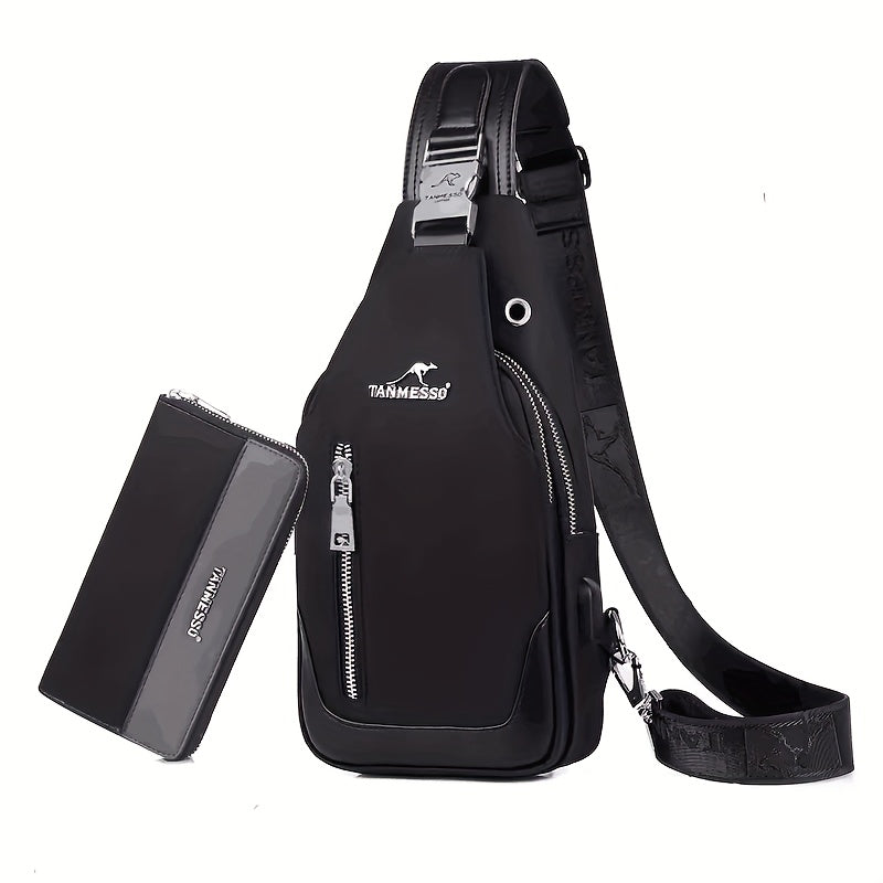 TANMESSO Erkaklar uchun Qora Ko'k Rangdagi Bir Necha Bo'limli Anti-O'g'irlik Oksford Ko'krak Sumkasi, Moslashtiriladigan Tasmali va Tasodifiy Chiqishlar uchun USB Porti