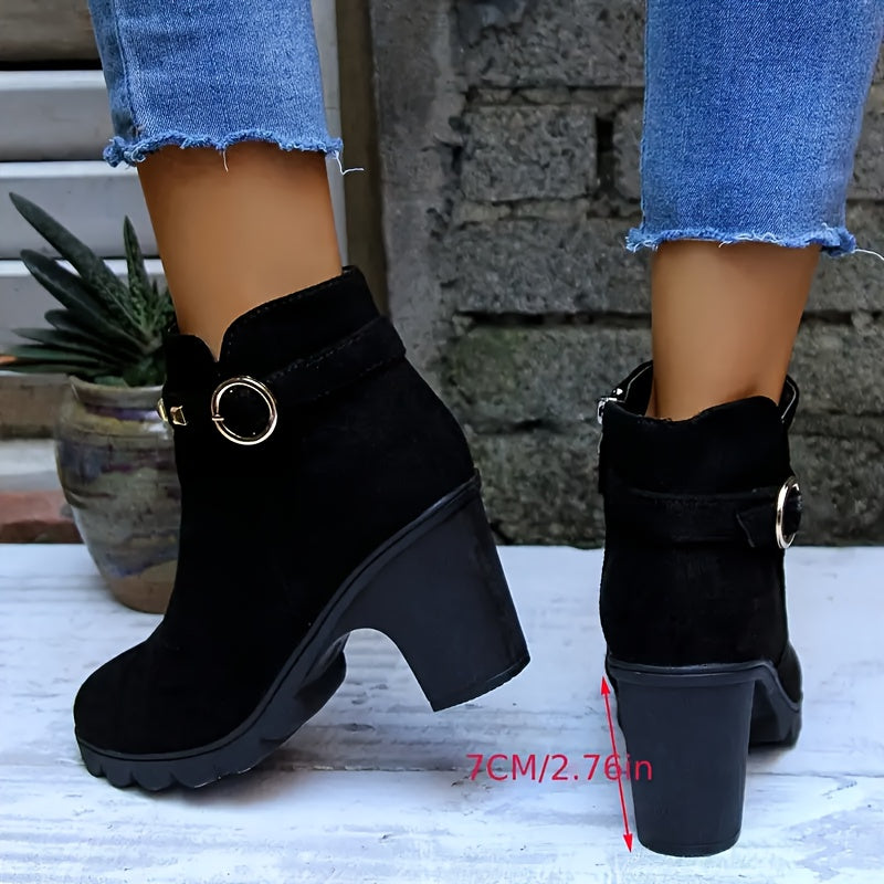 Women's Black Ankle Boots with Buckle Strap Side Zipper Round Toe Vintage Style