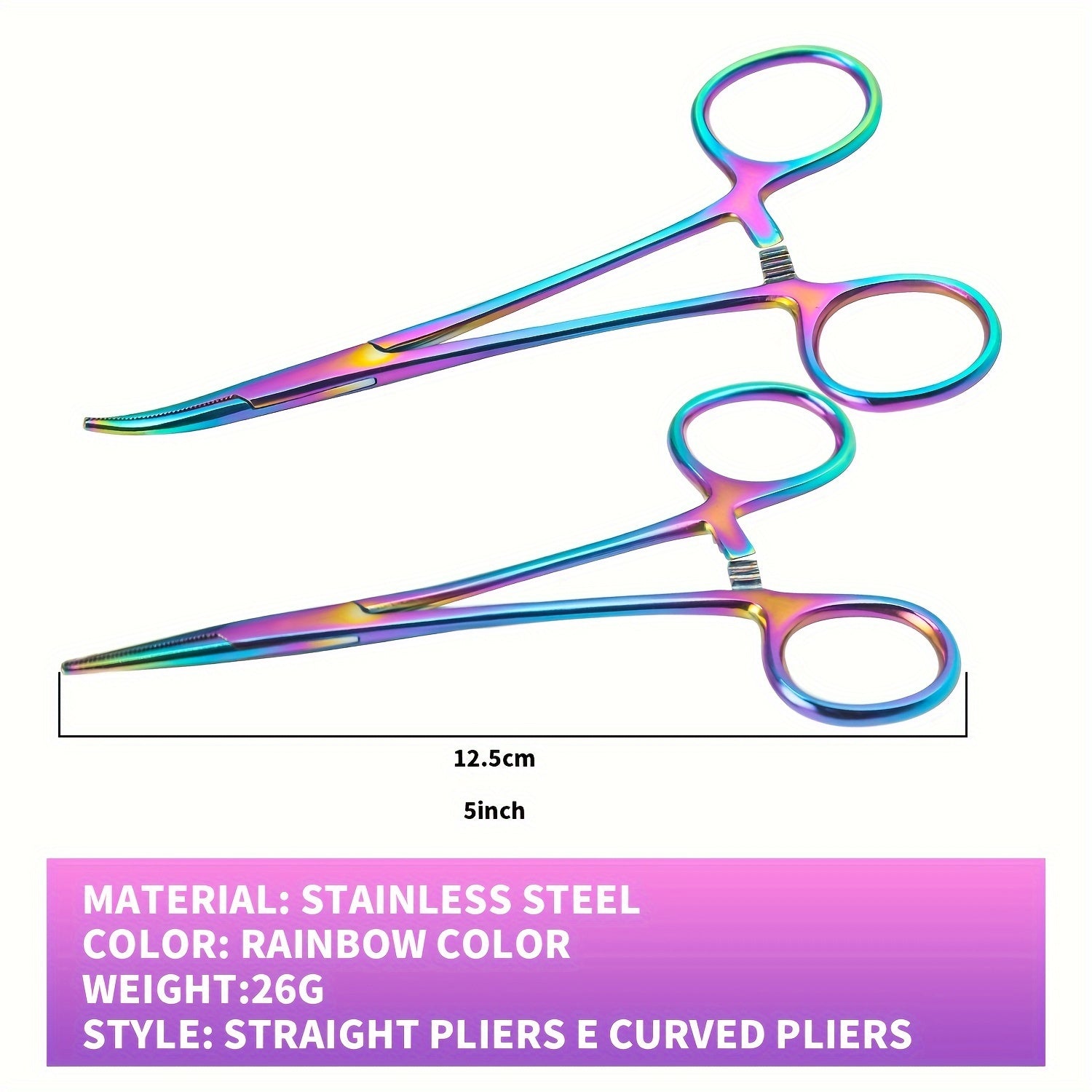 Set of 2 Rainbow Stainless Steel Hemostat Forceps Straight and Curved Medical Veterinary Hobby