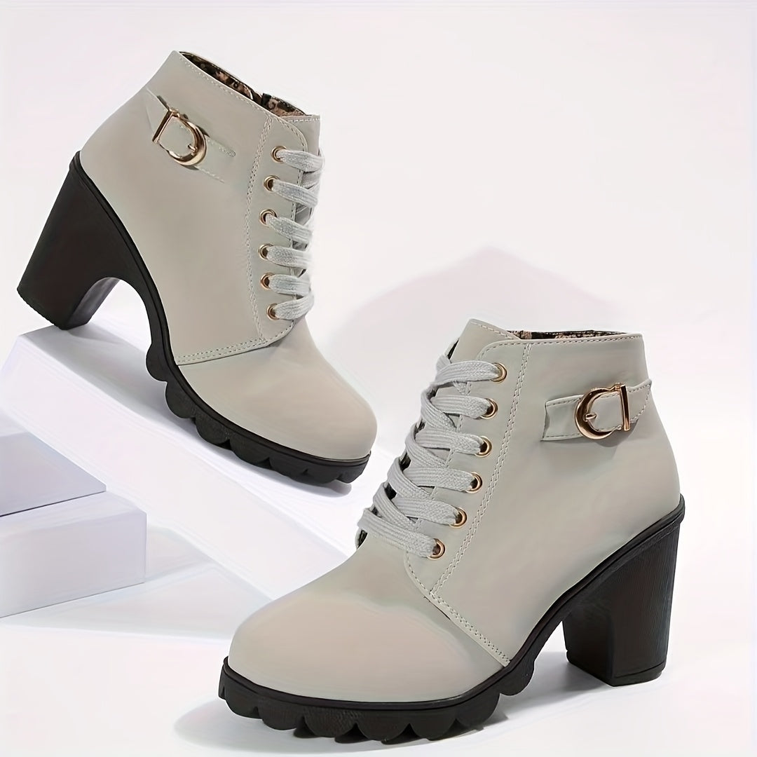 Women's Ankle Boots Zipper Lace-Up High Heel Square Toe All-Season