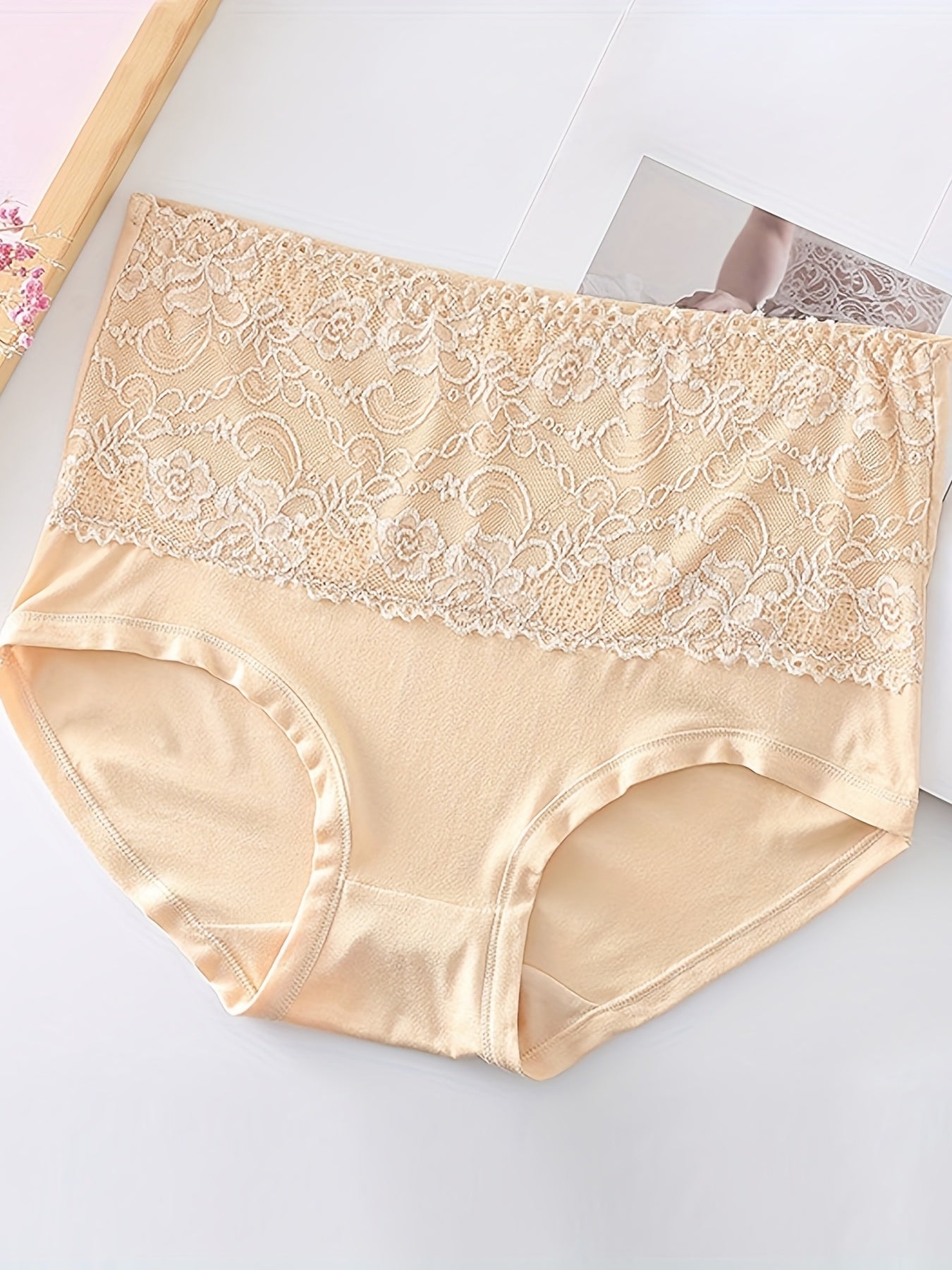 Conjunto de braguitas de talle alto con encaje en contraste para tallas grandes para mujer, pack de 3, nylon y spandex