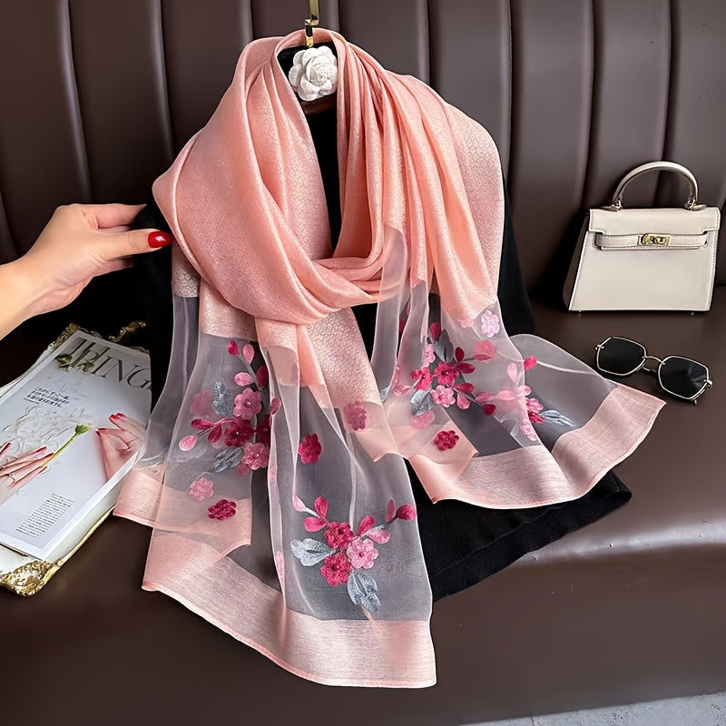 Women’s Embroidered Begonia Flower Scarf Thin Dual-Layer Breathable Solid Color Shawl