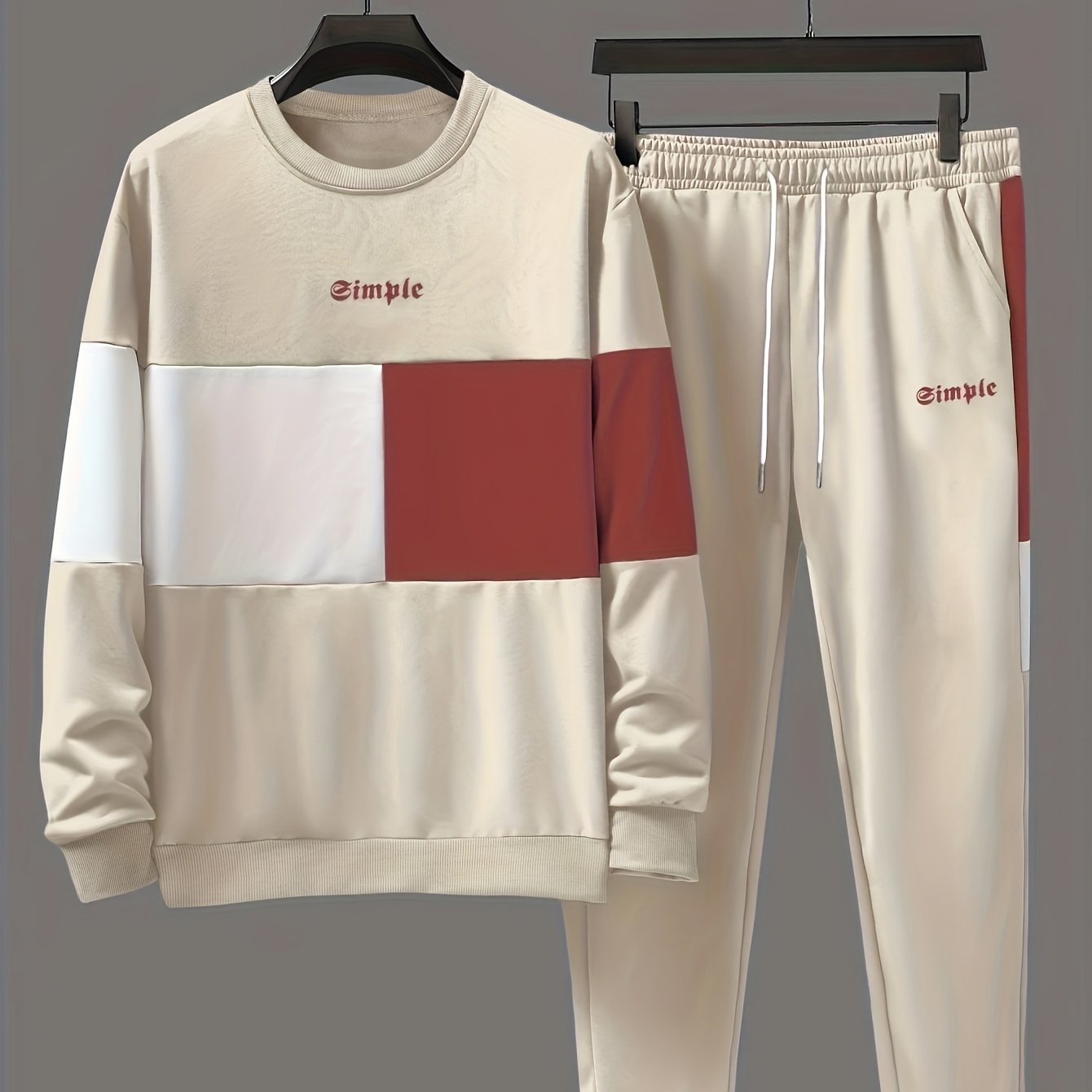 Men's Color Block Polyester Crew Neck Sweatshirt and Joggers Set for Spring and Fall
