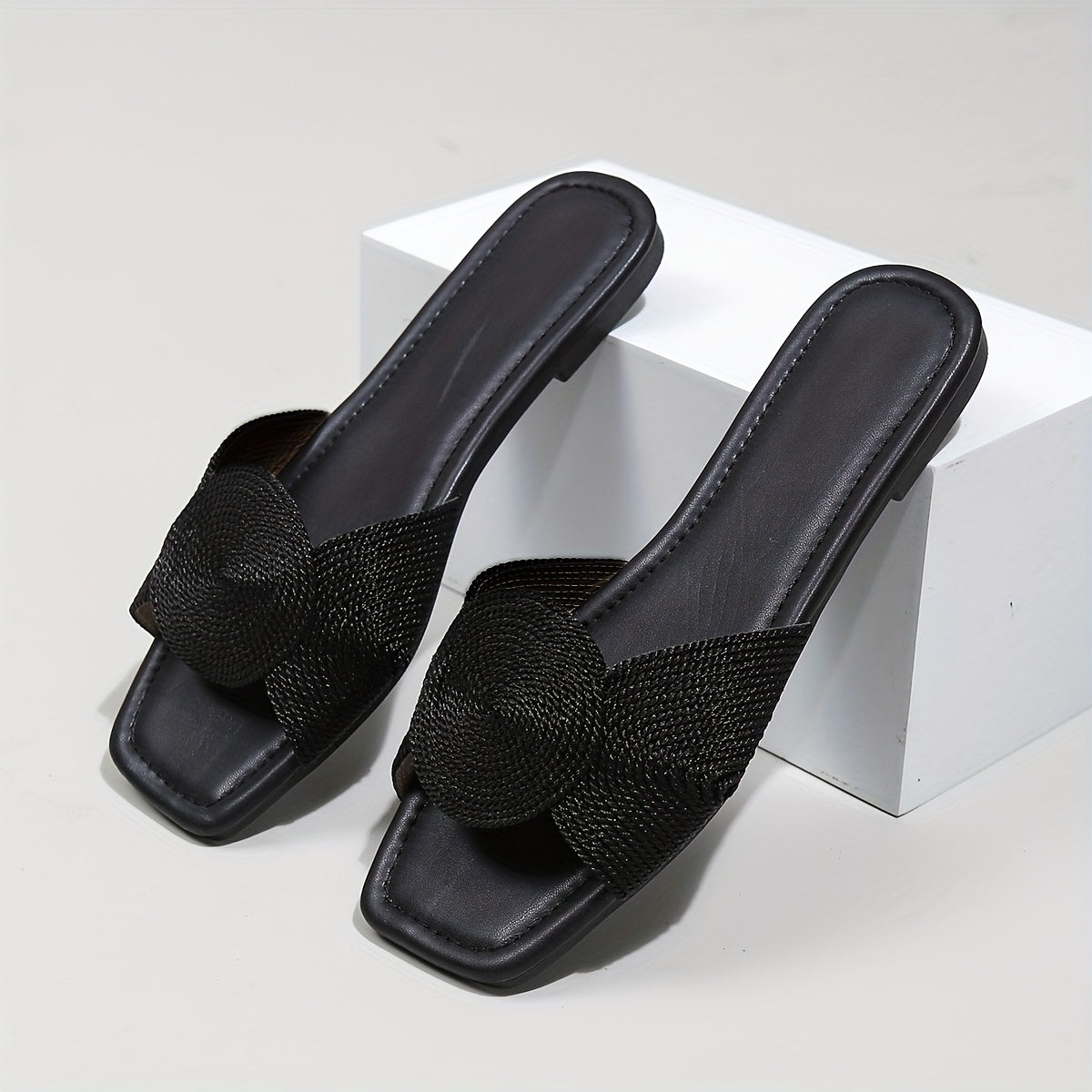 Women's Black Woven Flat Slide Sandals for Summer Beach Casual