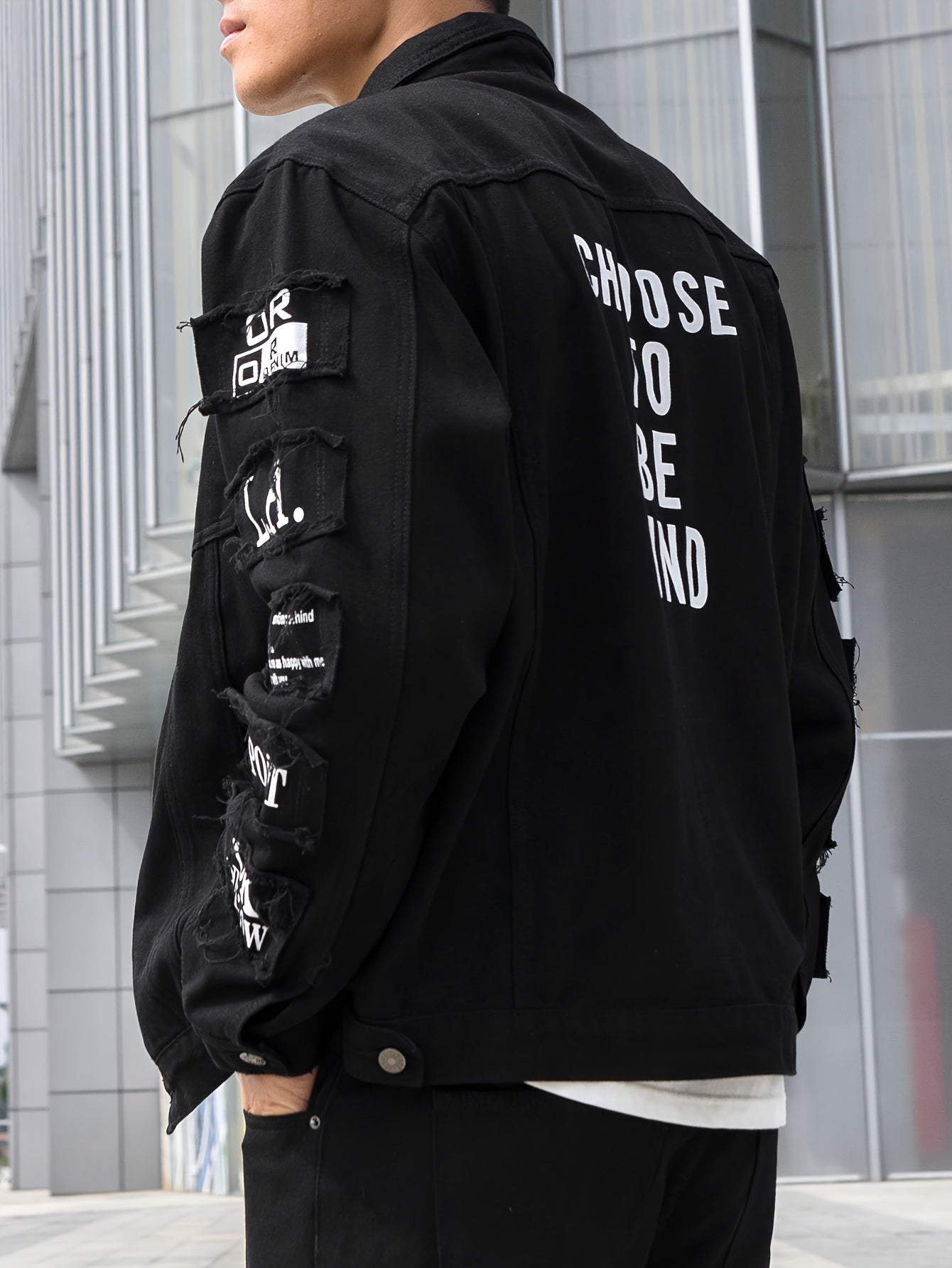 Men's Denim Jacket Cotton Long Sleeve Casual Alphabet Pattern with Pocket