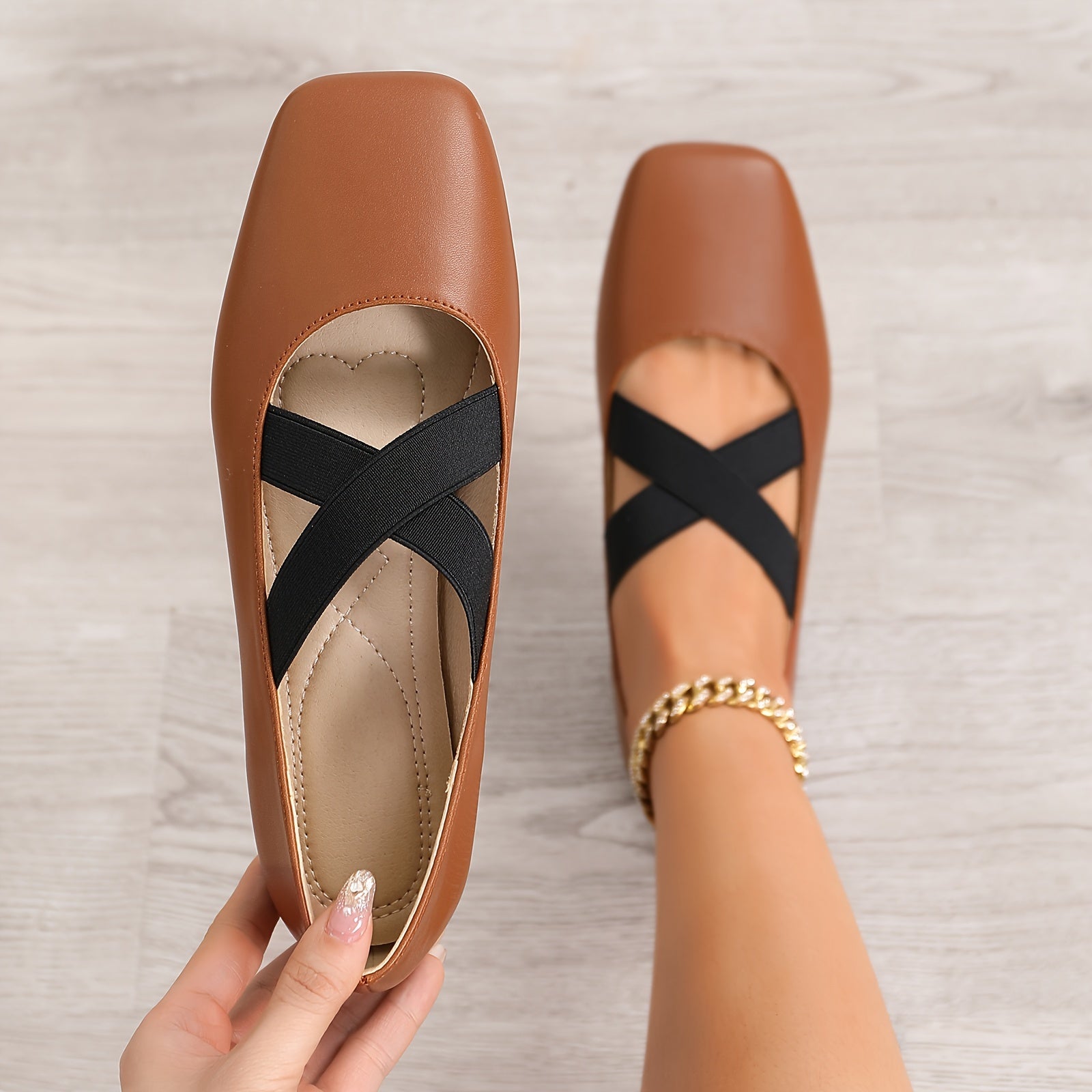 Women's Square Toe Flat Shoes, Slip-On Ballet Flats with Elastic Straps