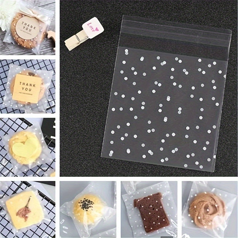 100 Pieces Frosted Self-Adhesive Clear Treat Bags with White Dots for Cakes Candies