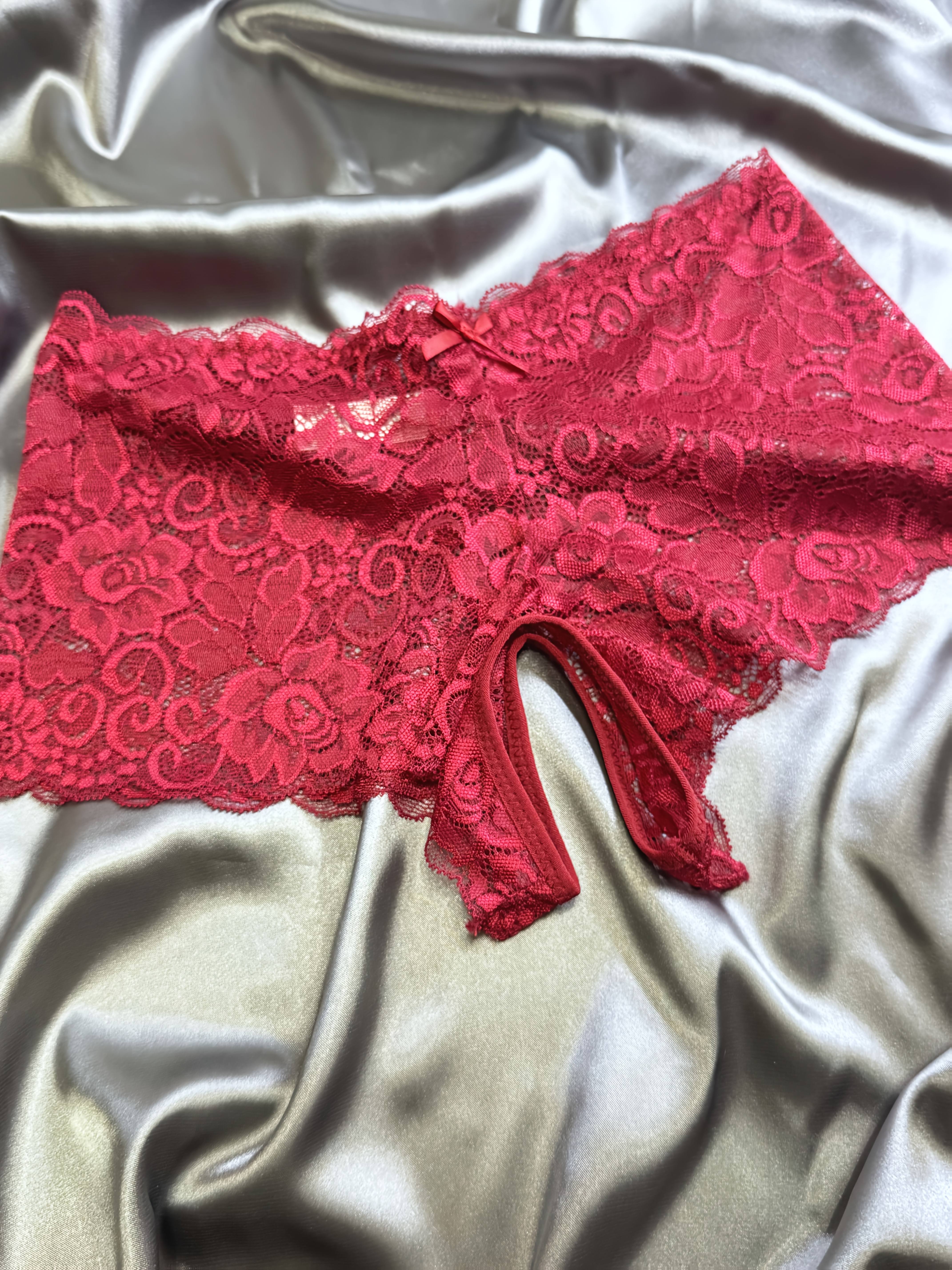 Women's Red Lace Open-Crotch Panties with Bow Details for Valentine's Day