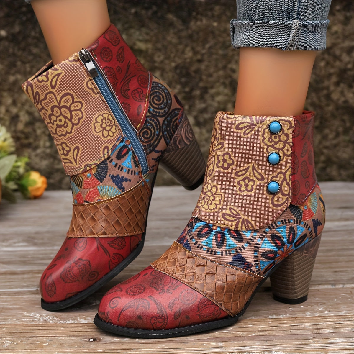 Women's Floral Pattern Ankle Boots with Chunky Heel and Side Zipper