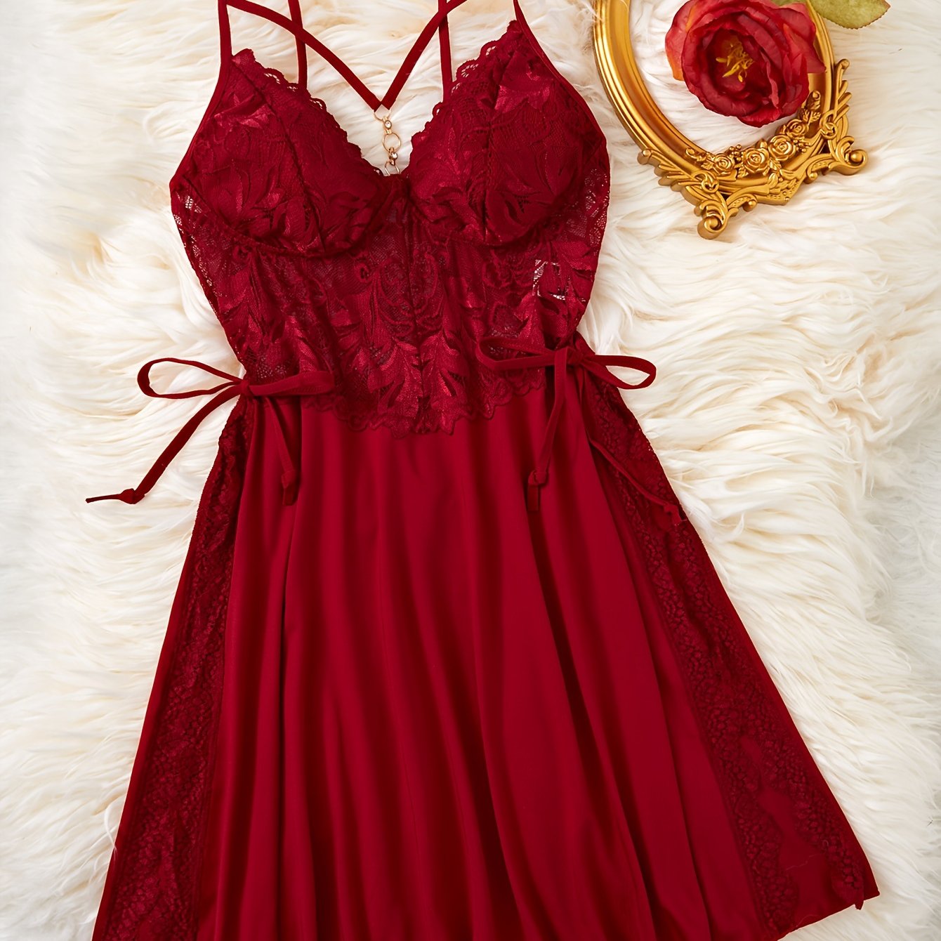 Women's Lace Nightgown with Strappy Backless Design and Metal Accents