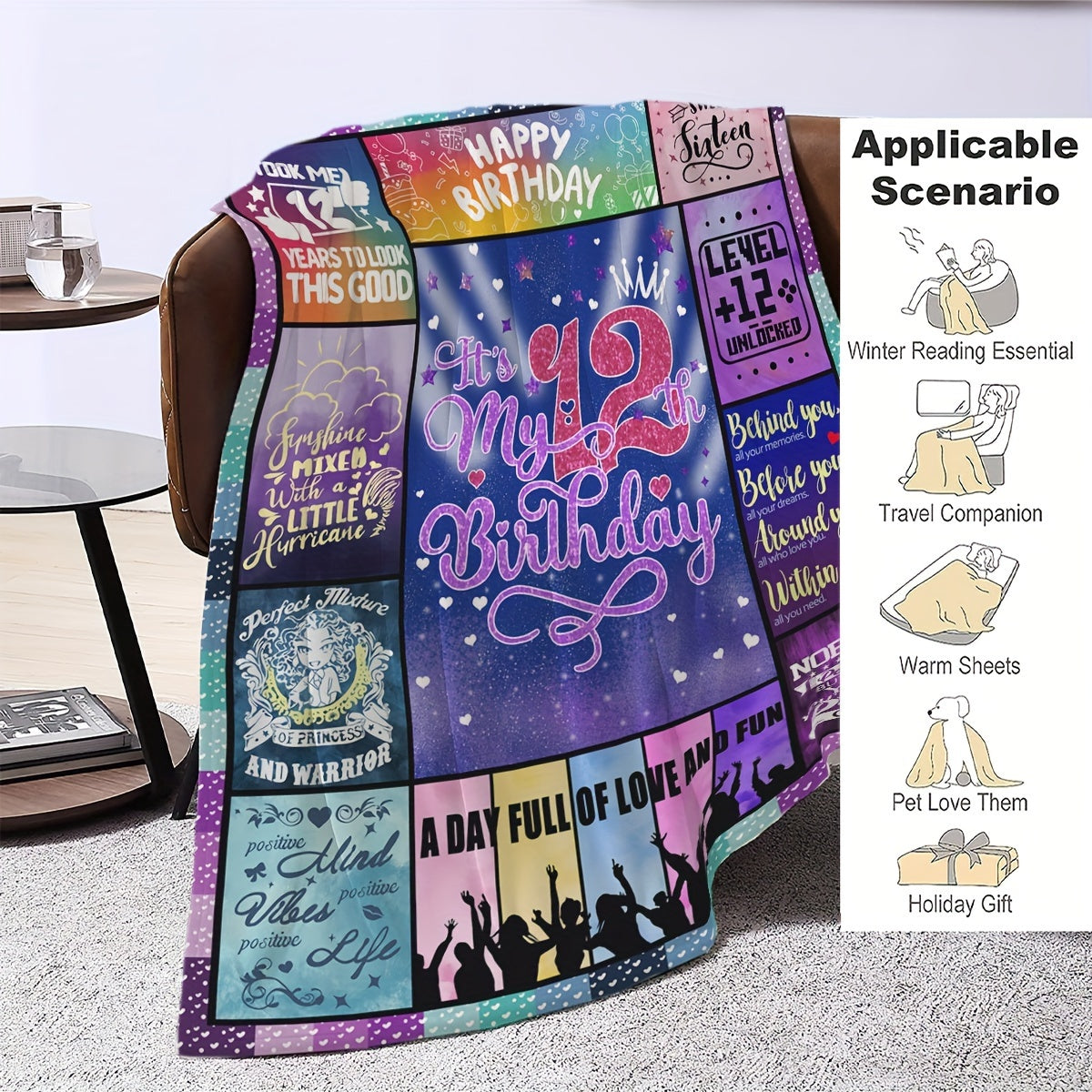 Kids Girl Birthday Blanket Soft Polyester Throw with Fun Messages and Patterns