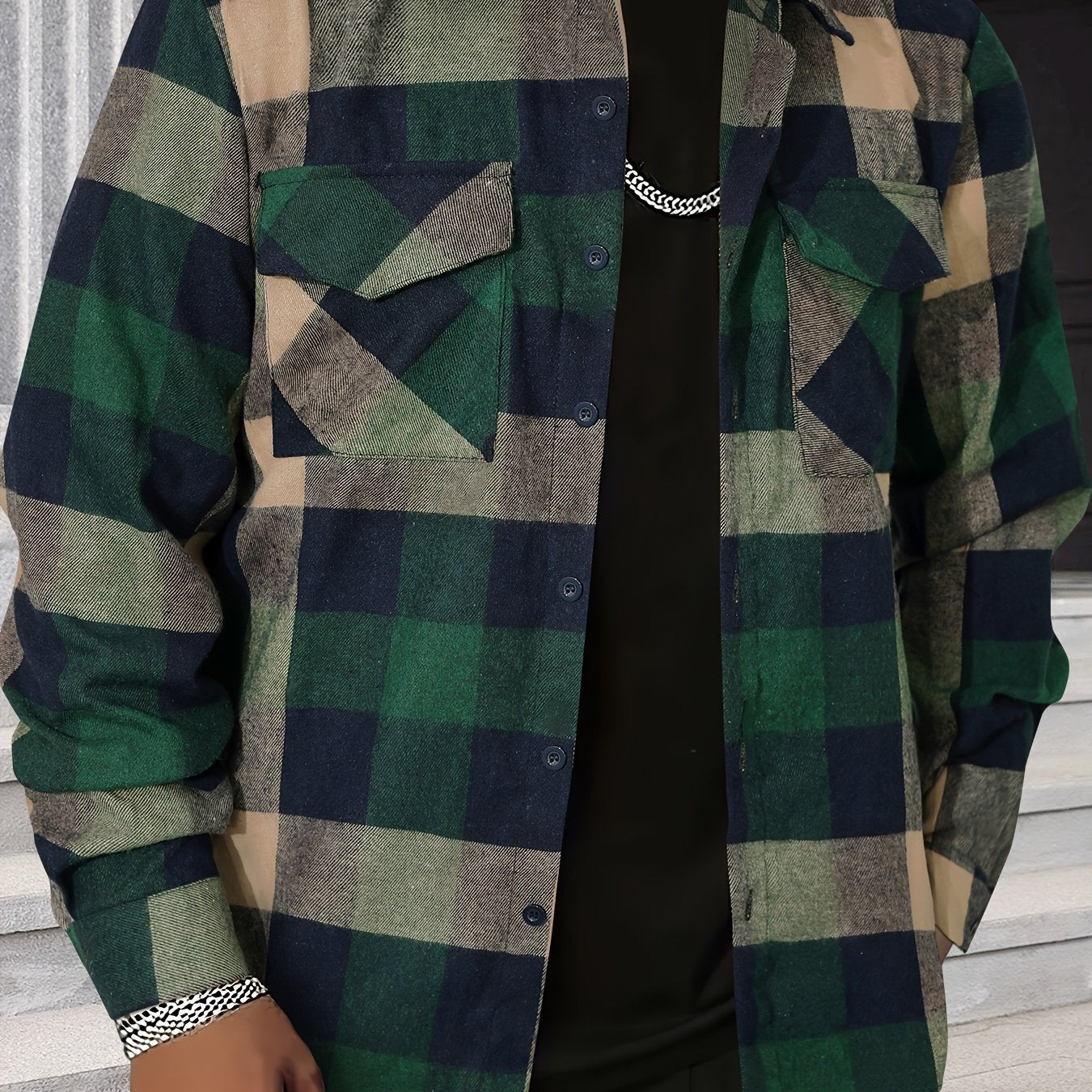 Plus-Size Men’s Plaid Long-Sleeve Shirt Polyester Casual Spring Fall