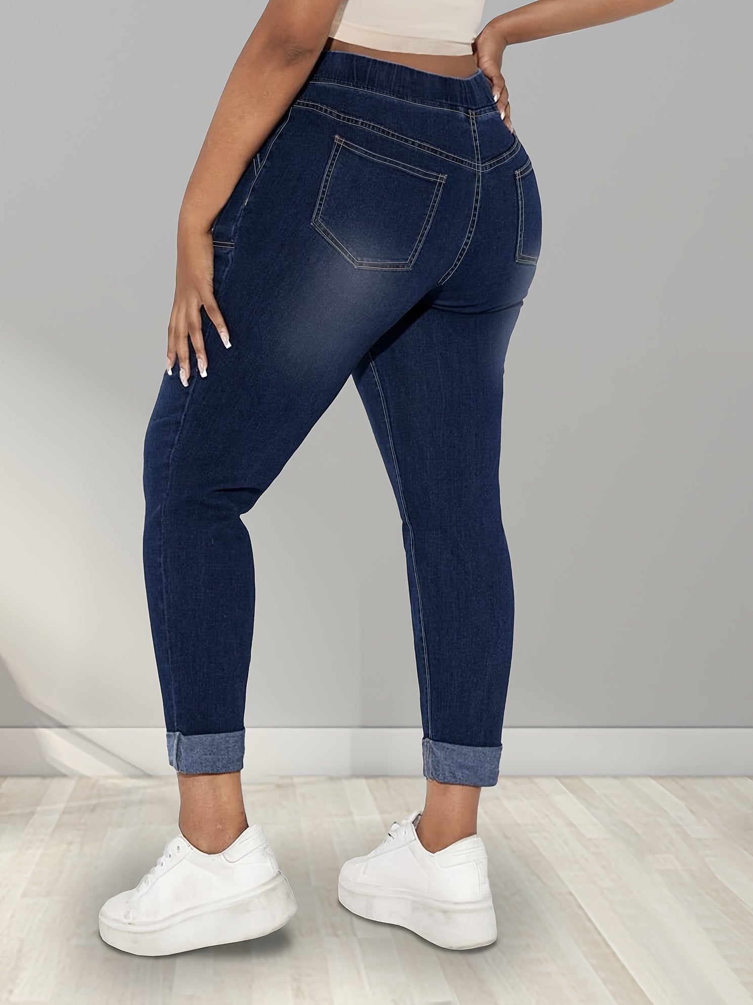Women's Plus Size High Stretch Skinny Jeans with Roll-Up Hem and Pockets