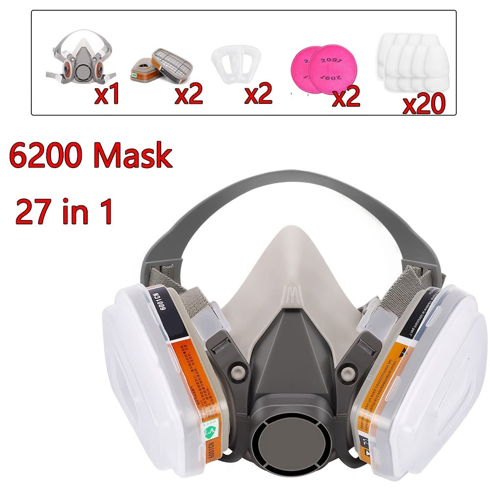 27 dona qayta ishlatiladigan yarim yuzli respirator niqobi 6200 bo'yoq, purkash va silliqlash jarayonlarida chang, tutun, asbest, kimyoviy moddalar va boshqa havodagi zarrachalarni filtrlash uchun mo'ljallangan.