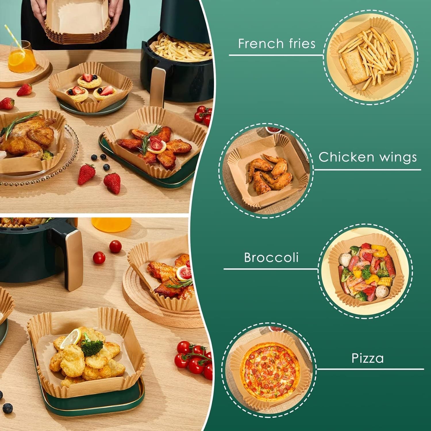 Set of 100 Reusable Unbleached Square Air Fryer Liners Food-Safe Microwave Accessories