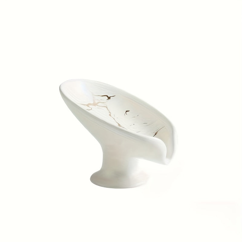 Marble-Patterned Ceramic Leaf-Shaped Soap Dish with Self-Draining Feature