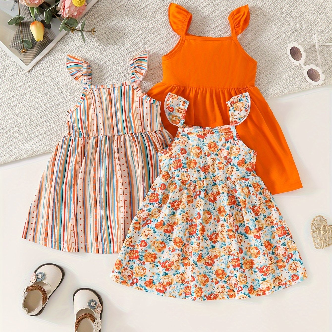Set of Three Sleeveless Square Neck Casual Dresses for Girls Summer Polyester Stripes