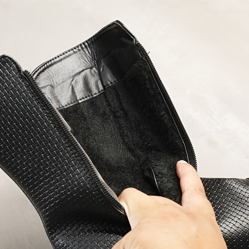 Women's Fleece-Lined Winter Mid-Calf Boots Slip-Resistant Hex Pattern Black