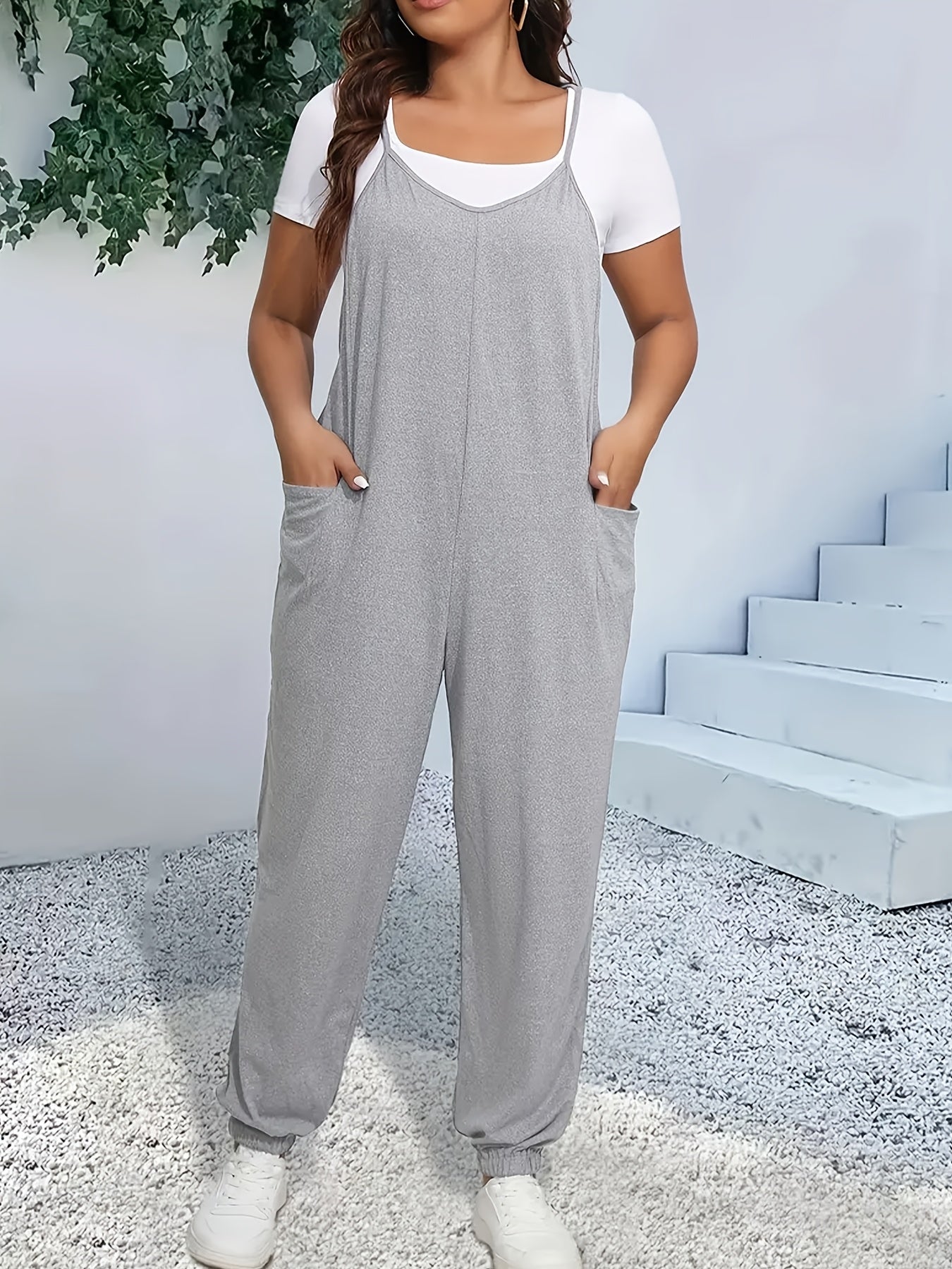 Women's Plus Size Red V-Neck Jumpsuit with Pockets Sleeveless Wide-Leg