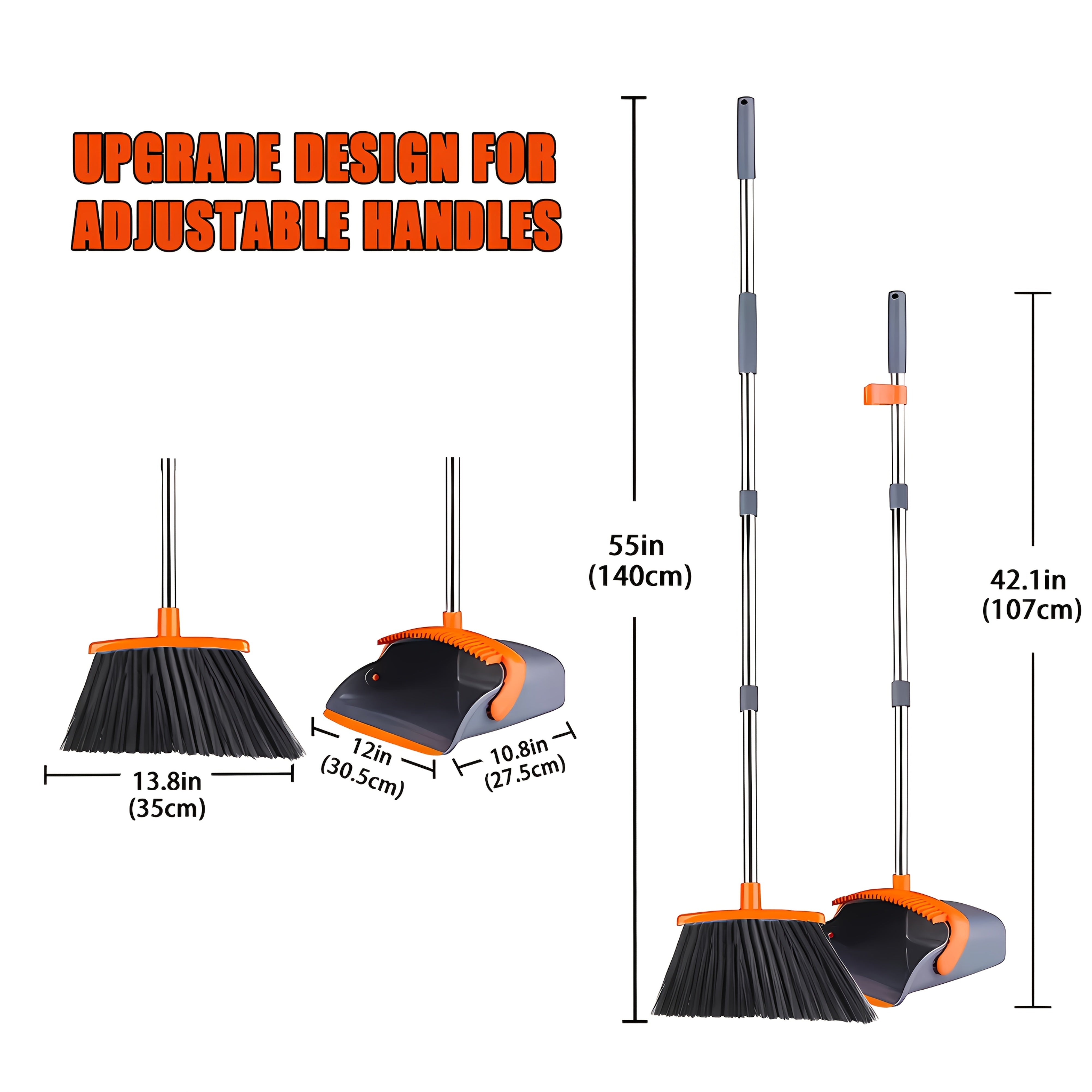 139.7 sm o'lchamdagi uzun tutqichli supurgi va axlat to'plagich to'plami, uy va ofisda foydalanish uchun mustahkam o'z-o'zini tozalovchi supurish asboblari bilan. Ichki va tashqi foydalanish uchun mos, kulrang va to'q sariq ranglarida turish dizayni.