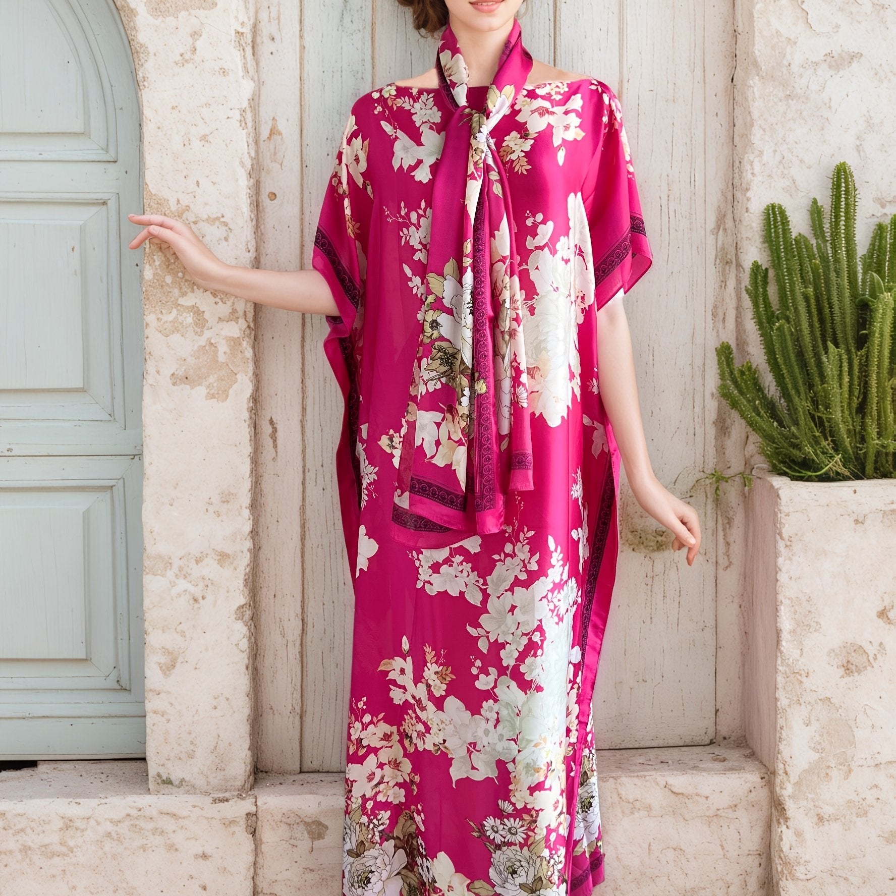 Платье макси большого размера с цветочным принтом и шарфом, свободный крой, длинные рукава, универсальный сезон