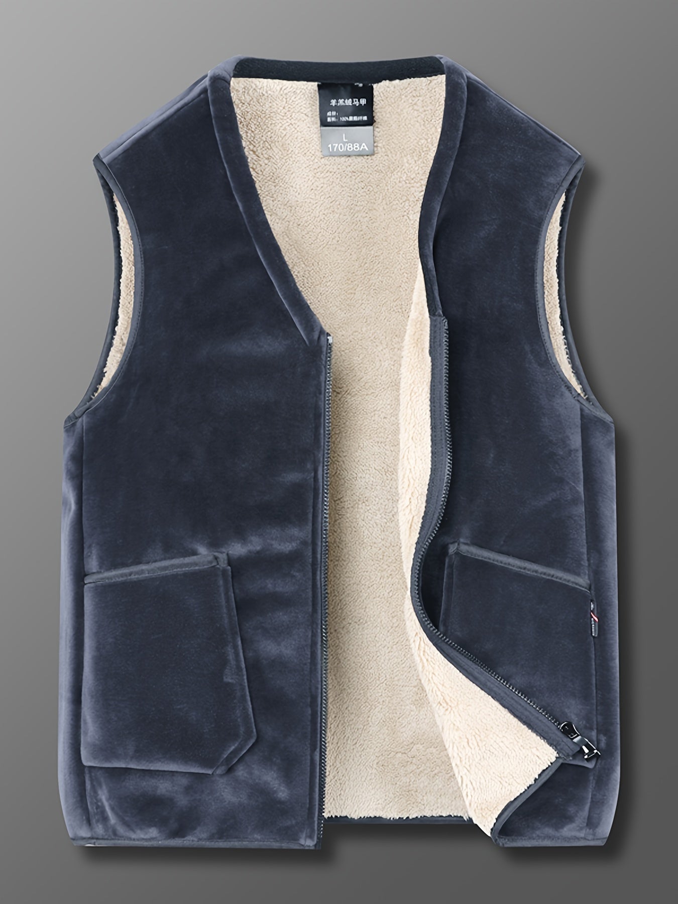 Fleece-Lined Thermal Vest for Men Winter Warmth Zip-Up Solid Polyester