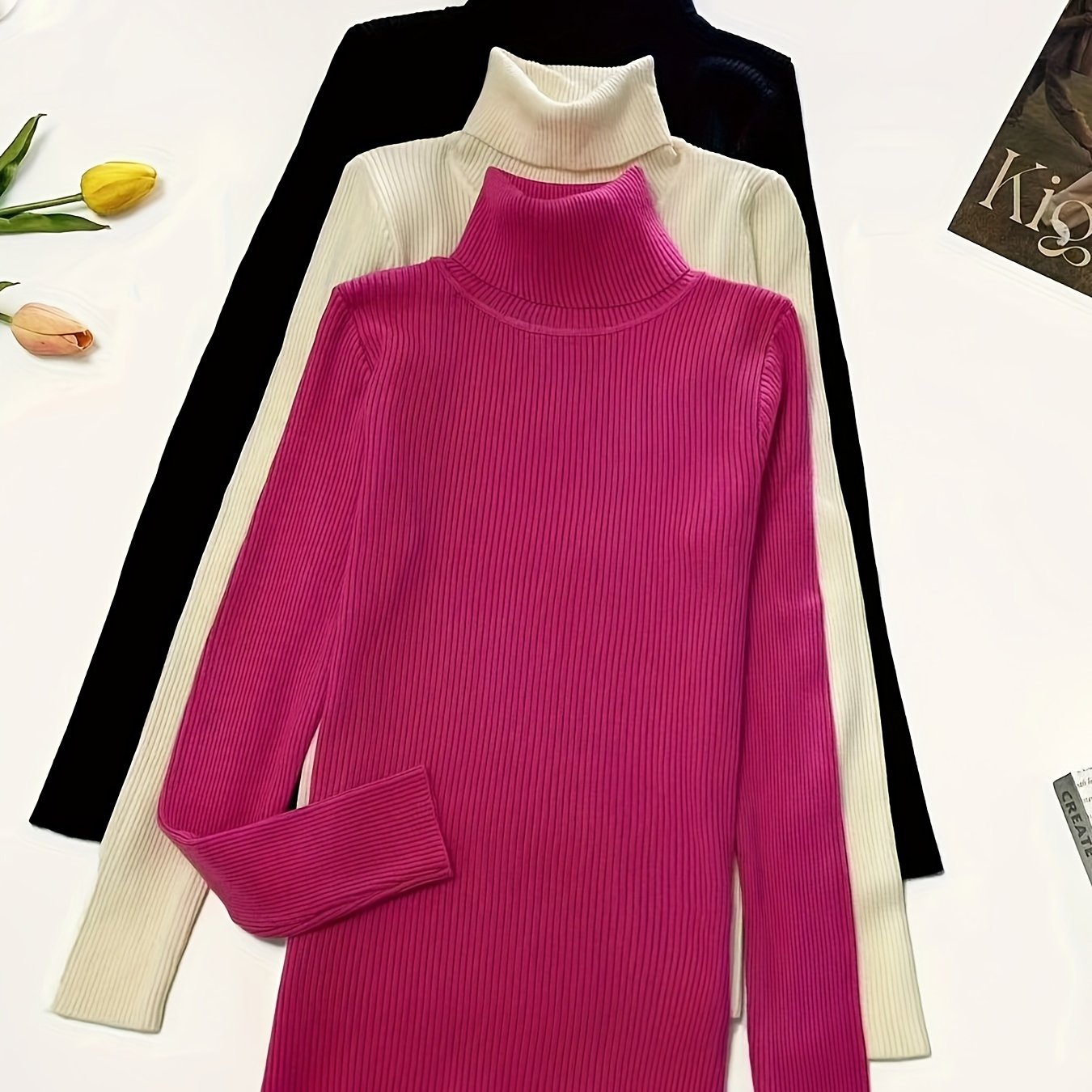 Conjunto de 3 suéteres de cuello alto de punto en color sólido para mujer otoño e invierno