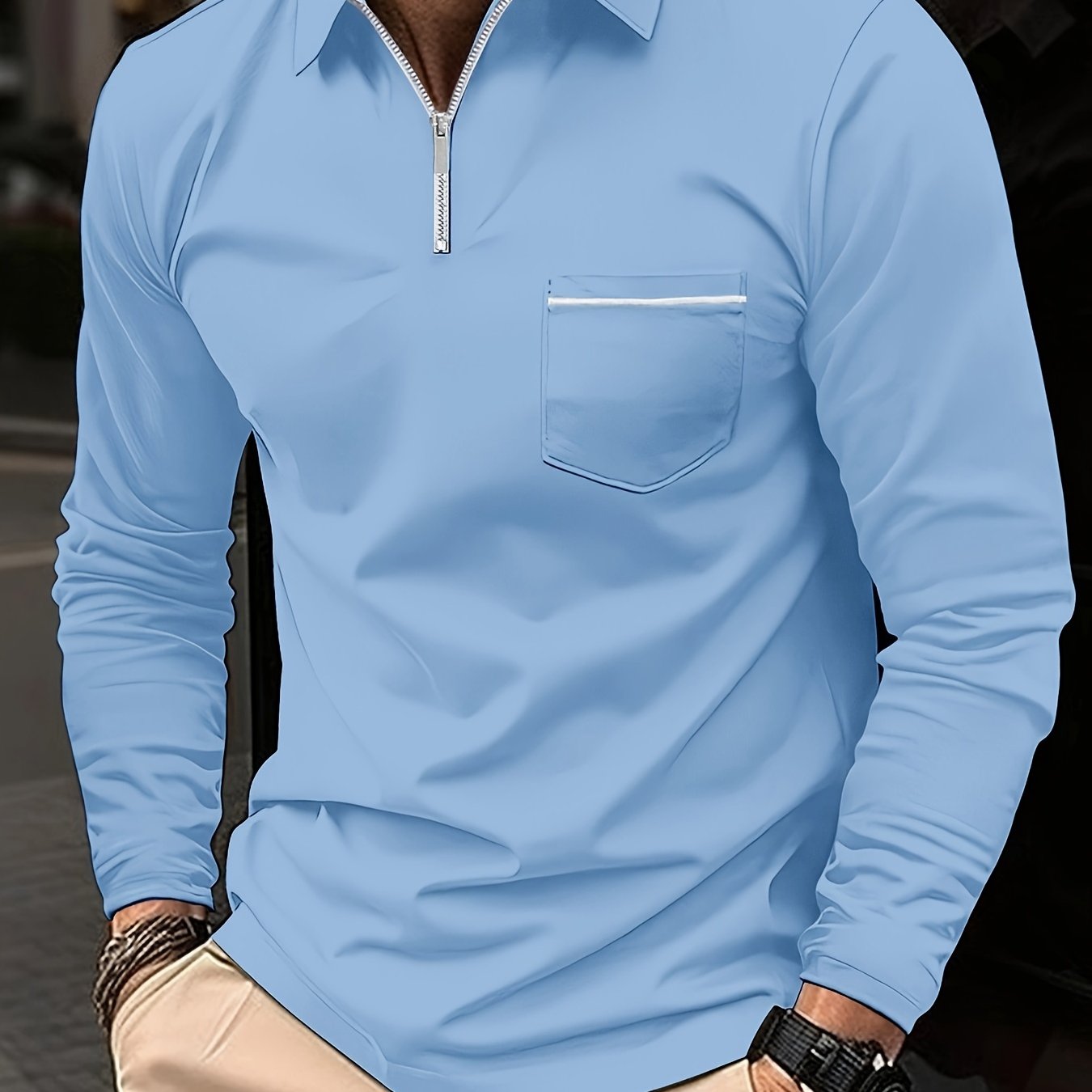 Men's Long Sleeve Solid Zipper Shirt with Lapel Collar and Chest Pocket for Spring Fall Outdoor Wear