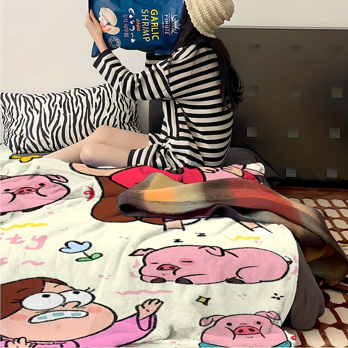 Knitted Throw Blanket with Gravity Falls Pig and Girl Print for All-Season Home Decor