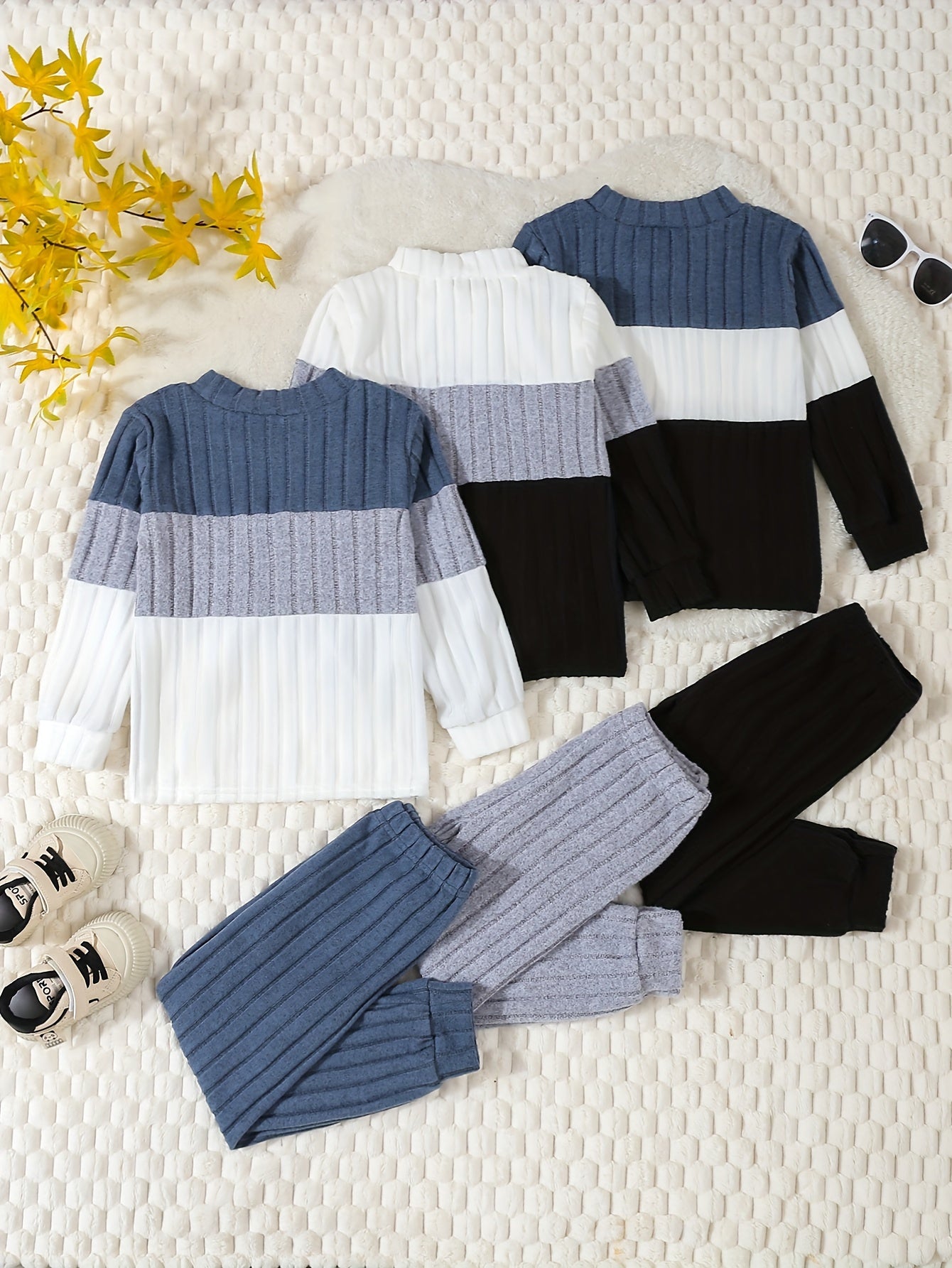 Kids Boys 3-Piece Color Block Ribbed Knit Outfit Long Sleeve Tops Casual Pants Fall Winter